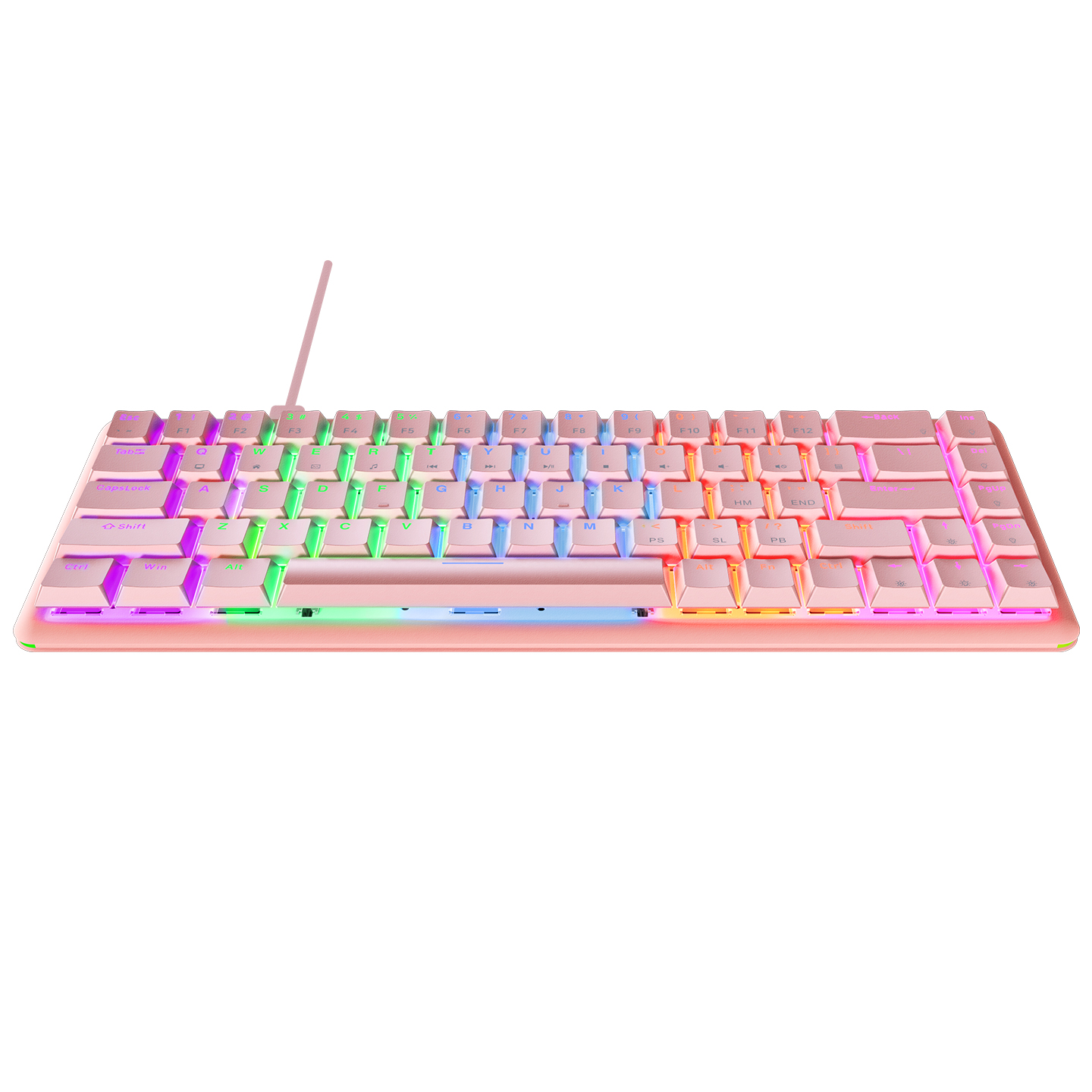 RGB aydınlatmalı, beyaz tuş yazılı pembe bir klavye.