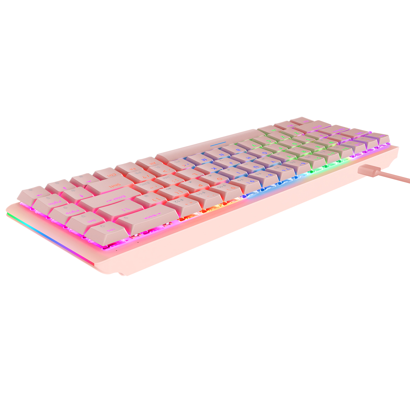 RGB aydınlatmalı pembe mekanik klavye, sağ üstten görünüm.