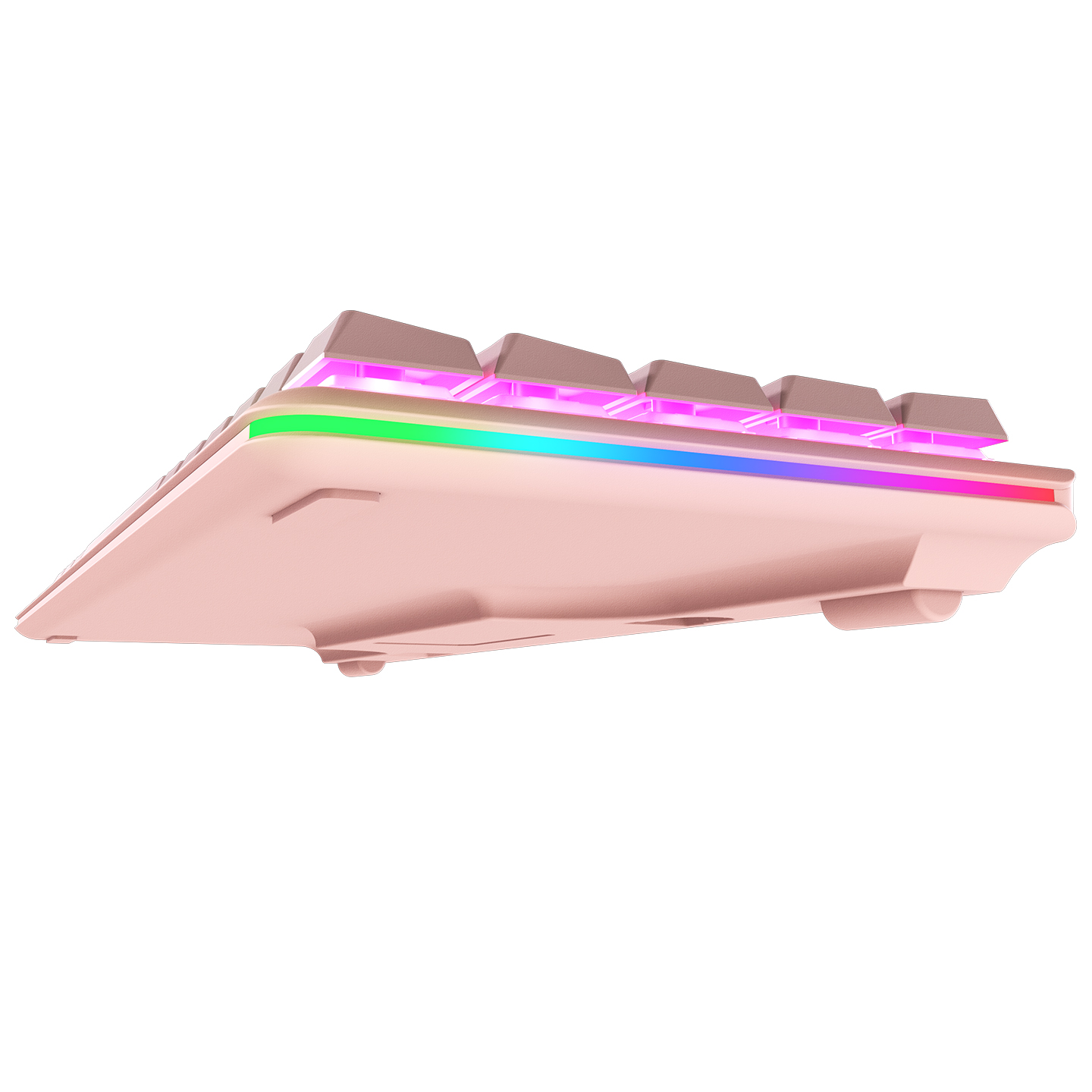 RGB aydınlatmalı pembe mekanik klavye prototipi.