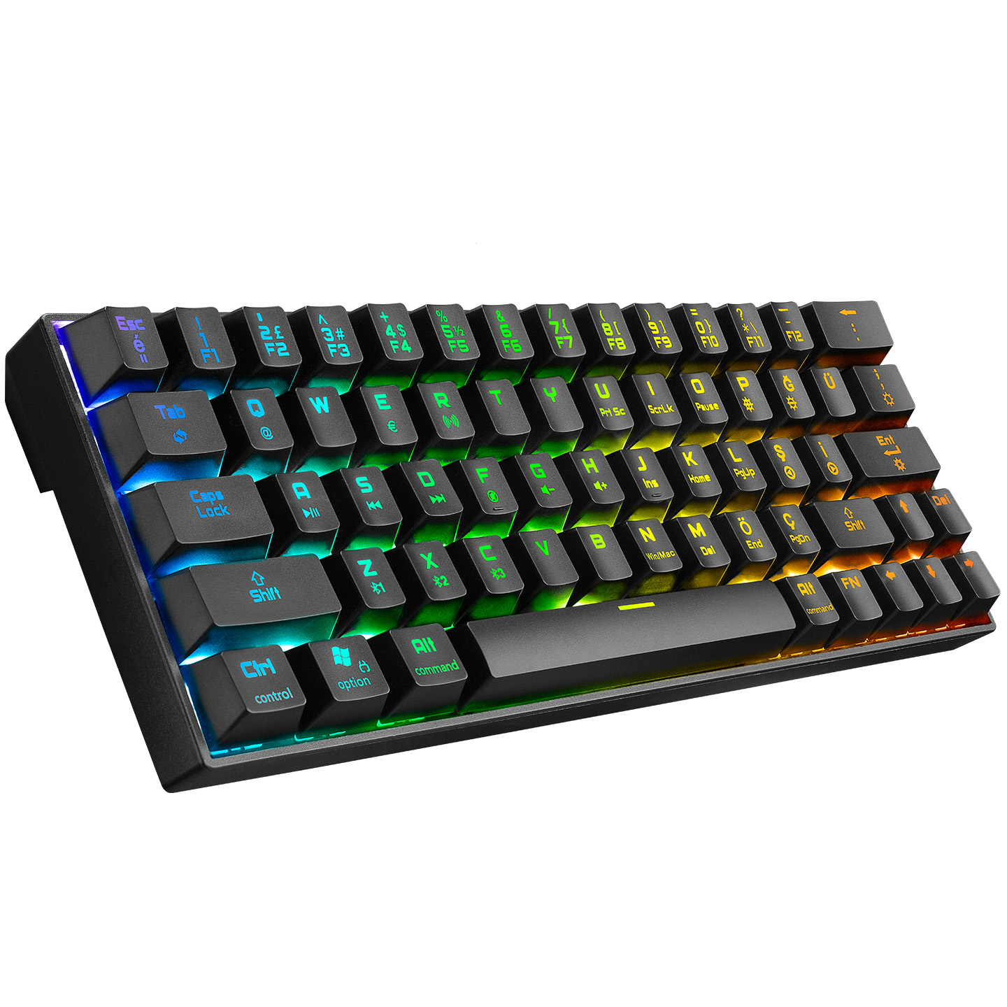 Renkli RGB aydınlatmalı tuşlara sahip siyah klavye, 3/4 profilde gösteriliyor.