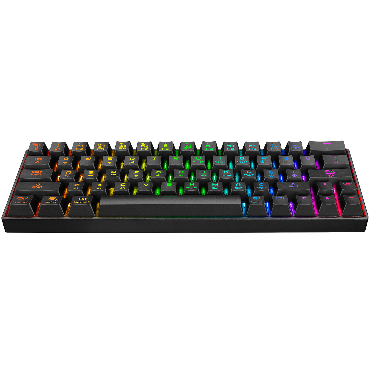 Beyaz arka plan üzerinde RGB aydınlatmalı tuşlara sahip siyah klavye.