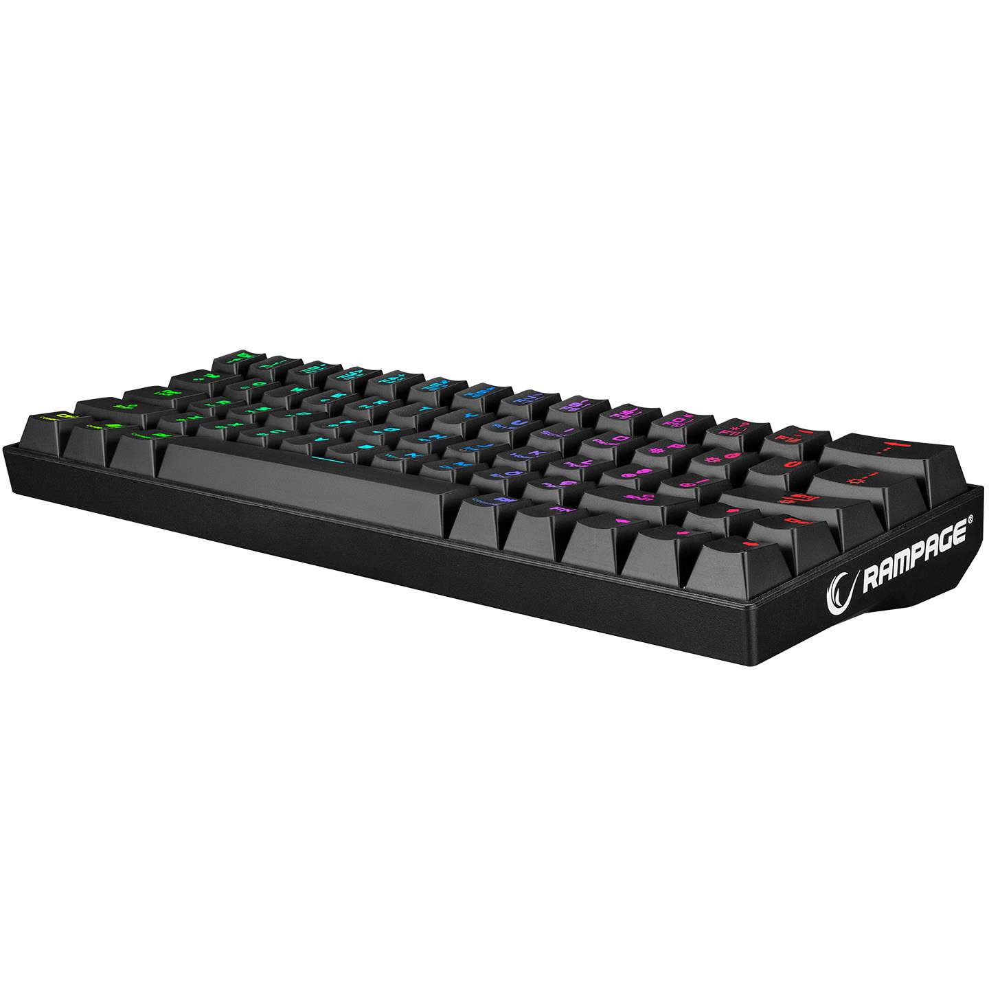 Renkli RGB tuşlu ve Rampage logolu siyah klavye.