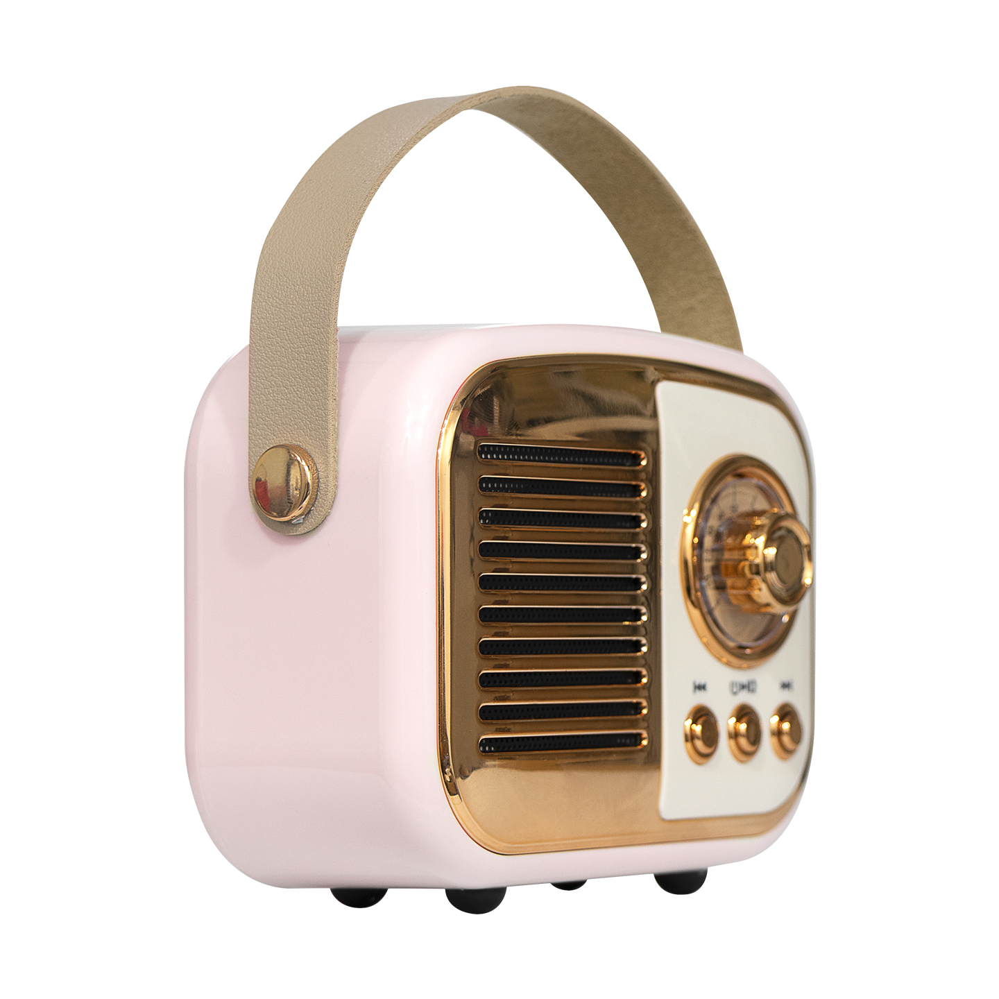 Altın vurgulara ve taşıma sapına sahip pembe retro radyo.