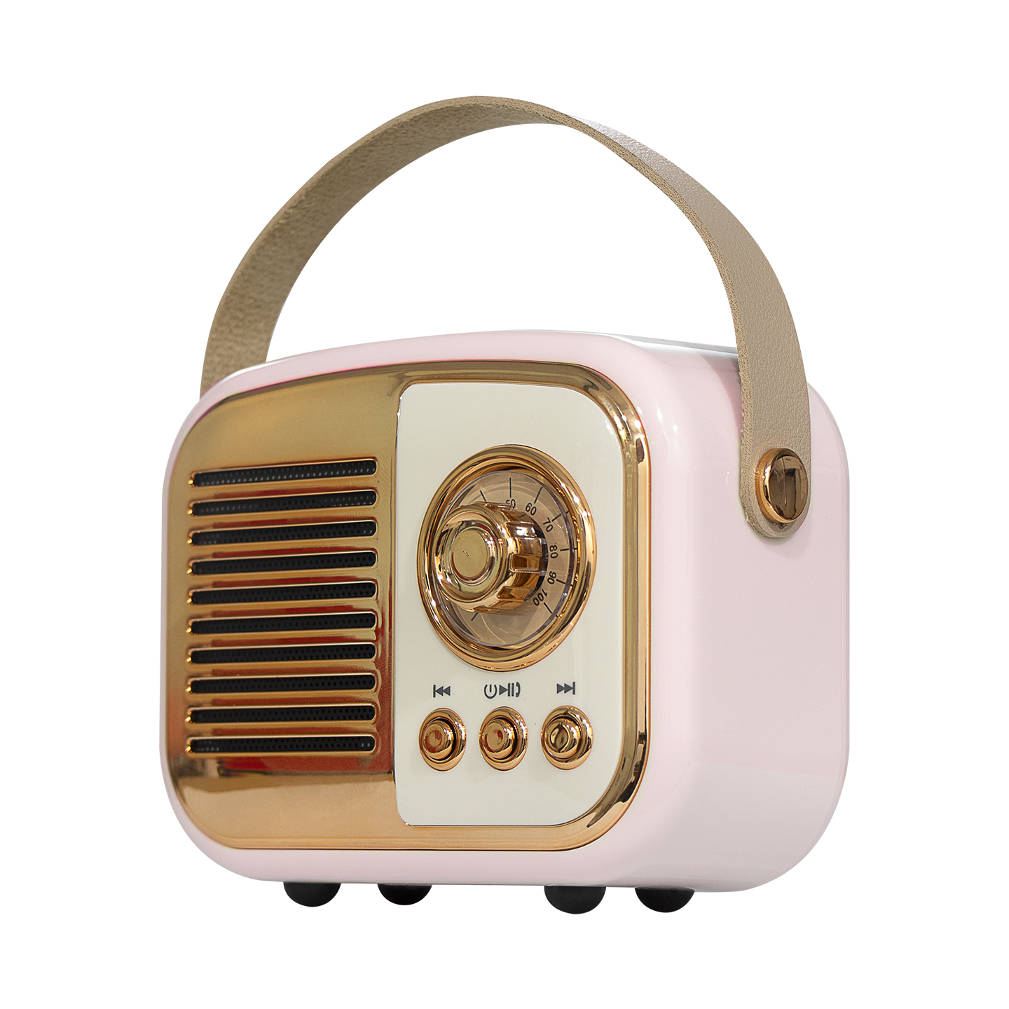 Altın süslemeli ve taşıma saplı pembe retro radyo.