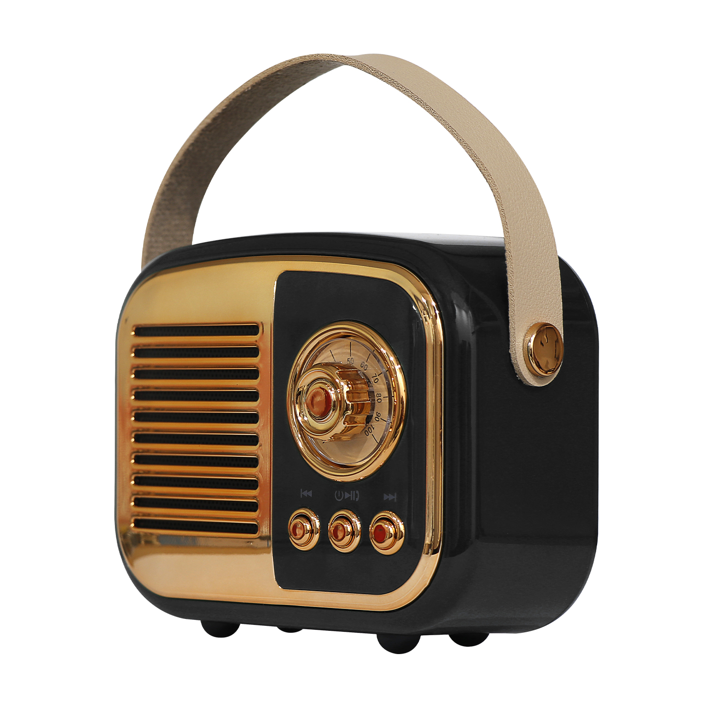 Altın aksanlı, siyah, vintage tarzı radyo ve kahverengi deri sap.