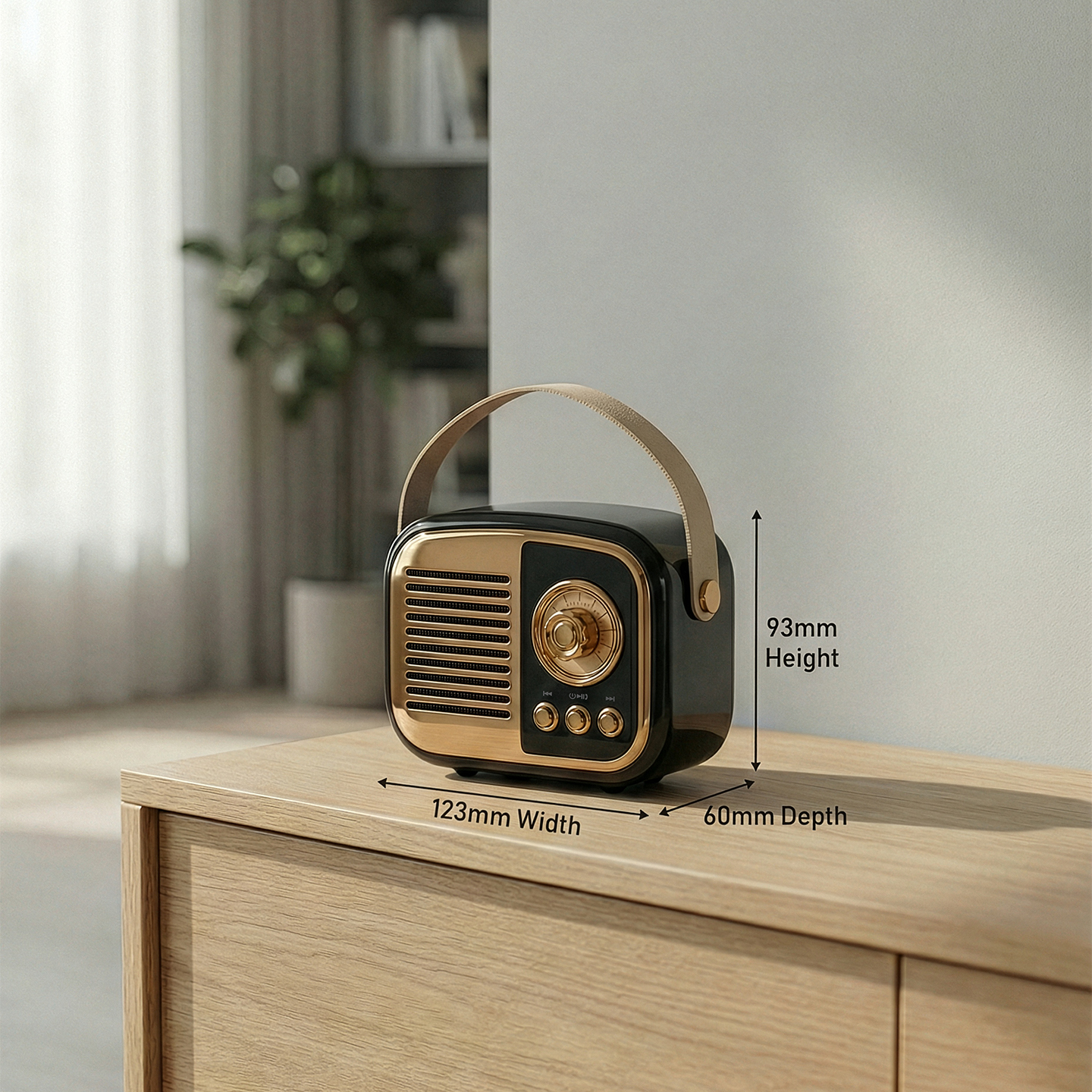 Ahşap dolap üzerinde altın vurgulu siyah retro radyo hoparlör.