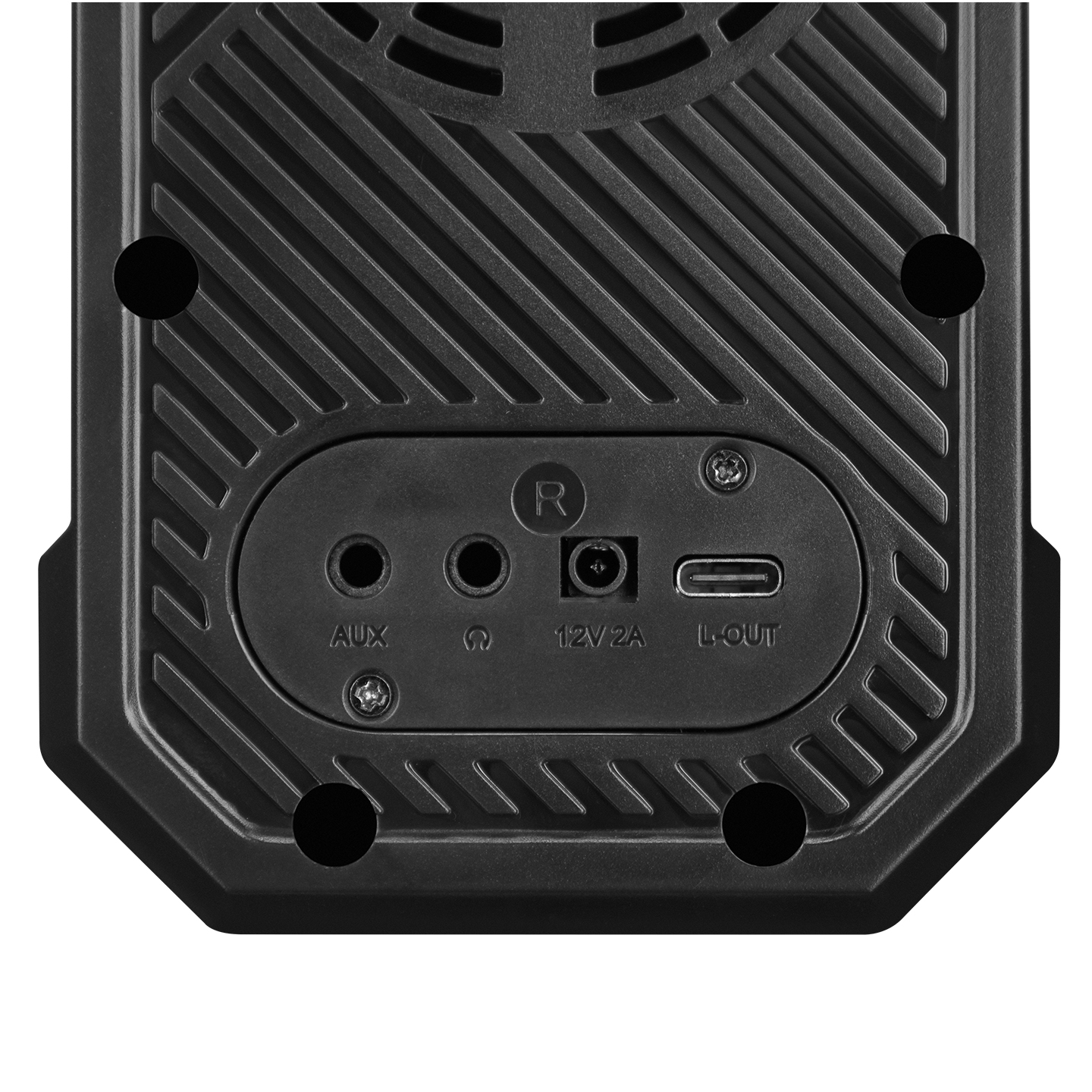 AUX, 12V 2A, L/OUT bağlantı noktalarına sahip siyah hoparlörün arkası.