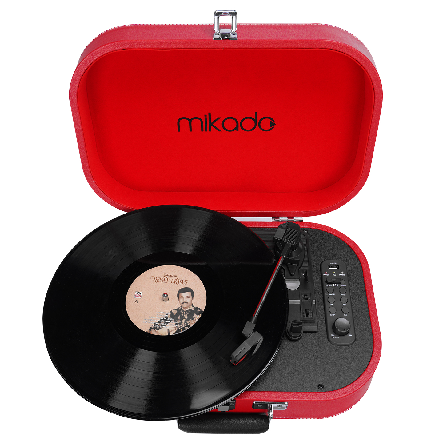 Siyah vinil plaklı kırmızı bavul pikap.