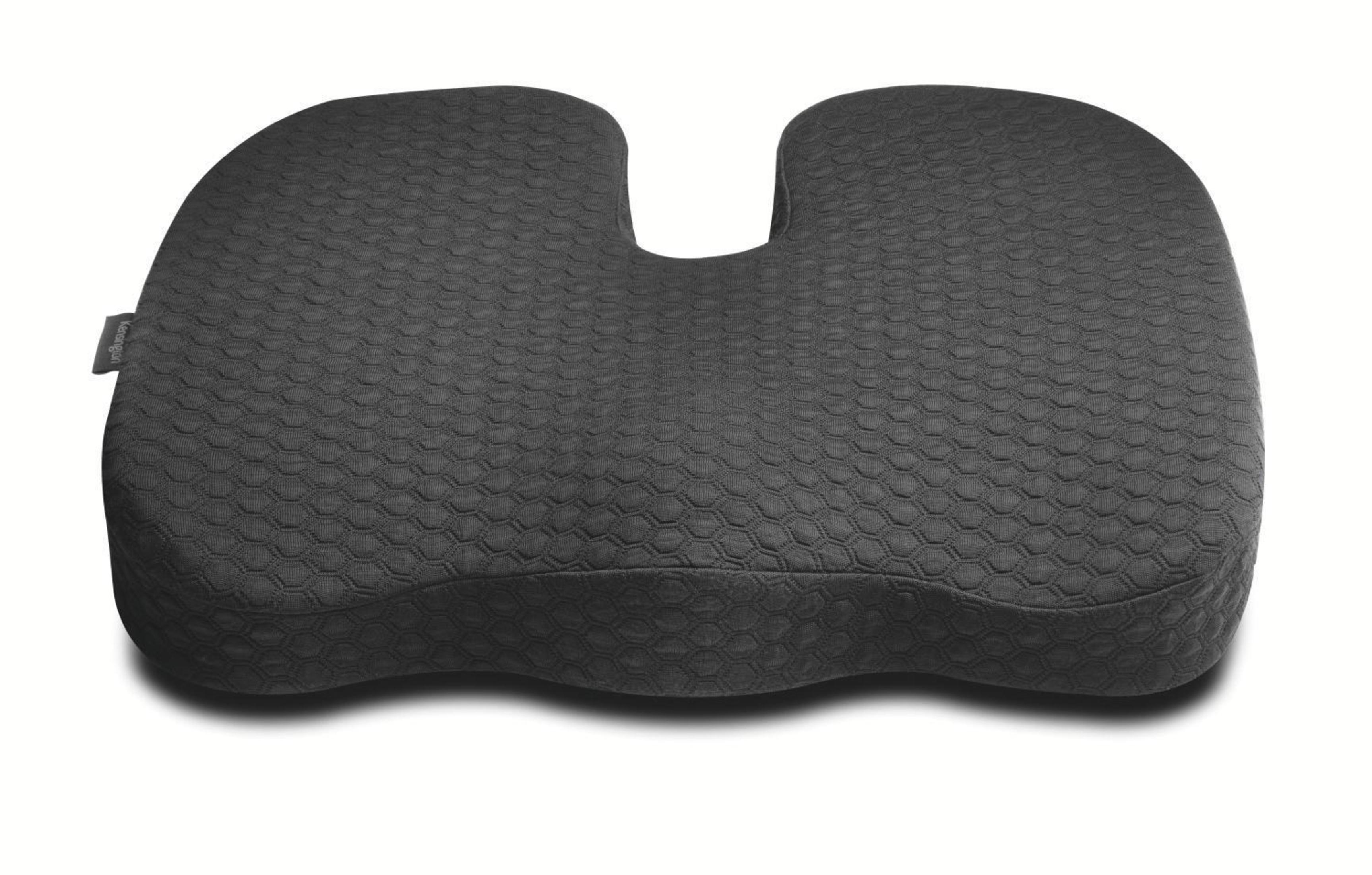 Ein graues ergonomisches Sitzkissen mit Wabenmuster auf weißem Hintergrund.