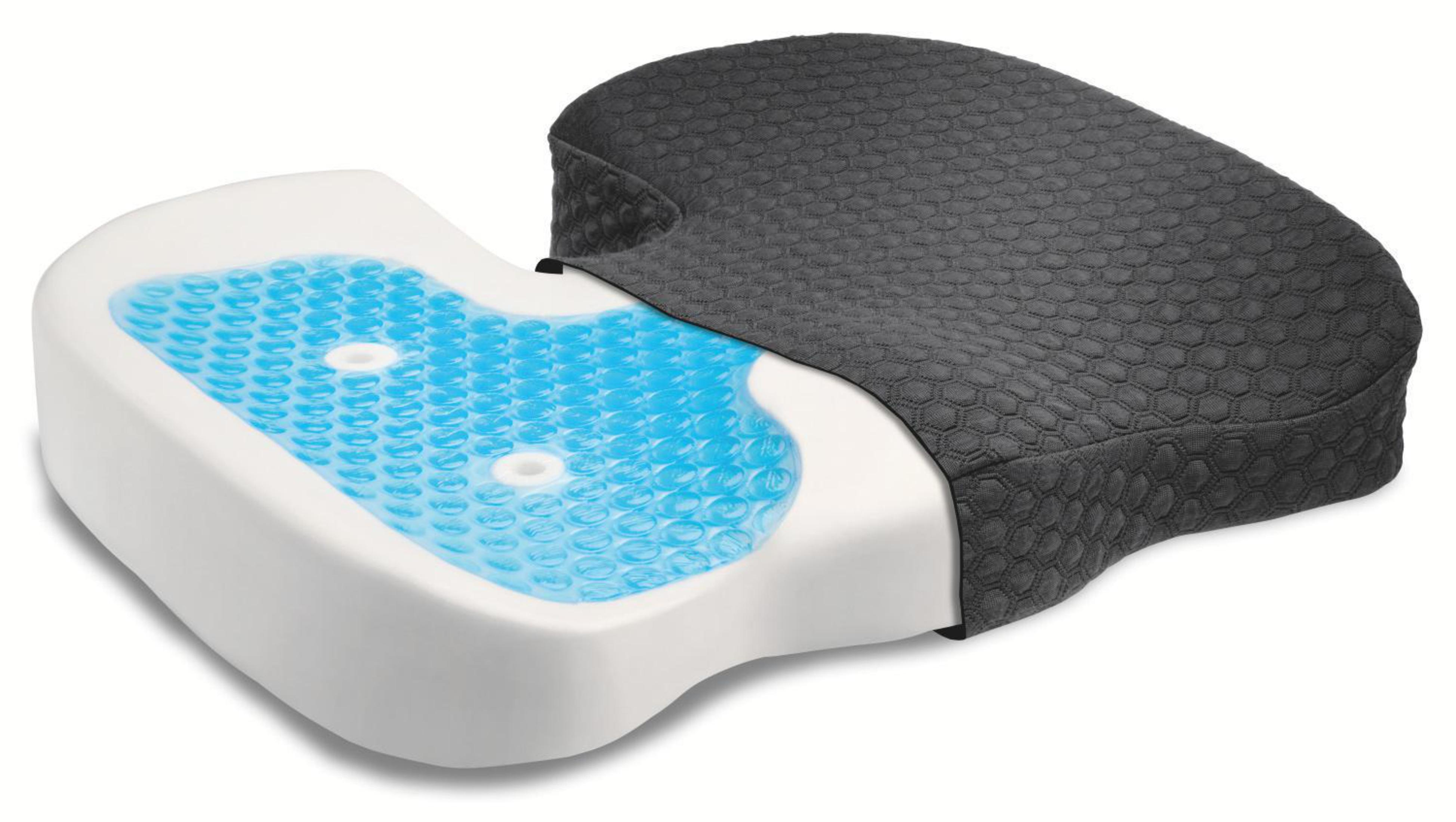Ein weißes Sitzkissen mit blauer Gel-Oberfläche und dunklem Stoffbezug.