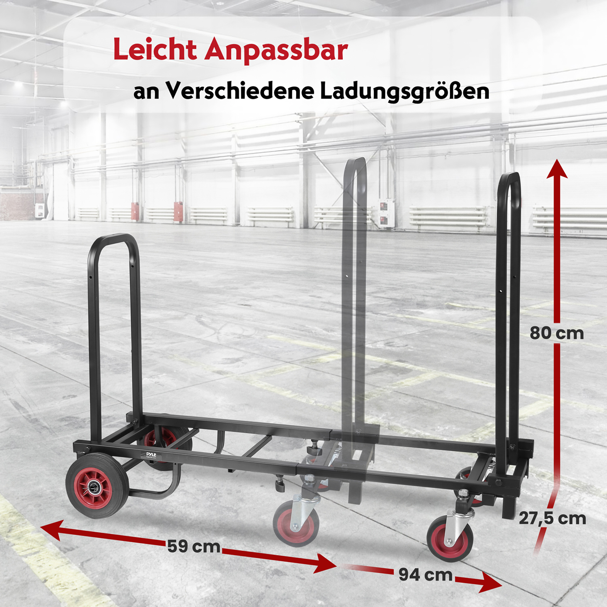 Schwarzer Transportwagen mit roten Rädern, Maße 59x94x80cm.