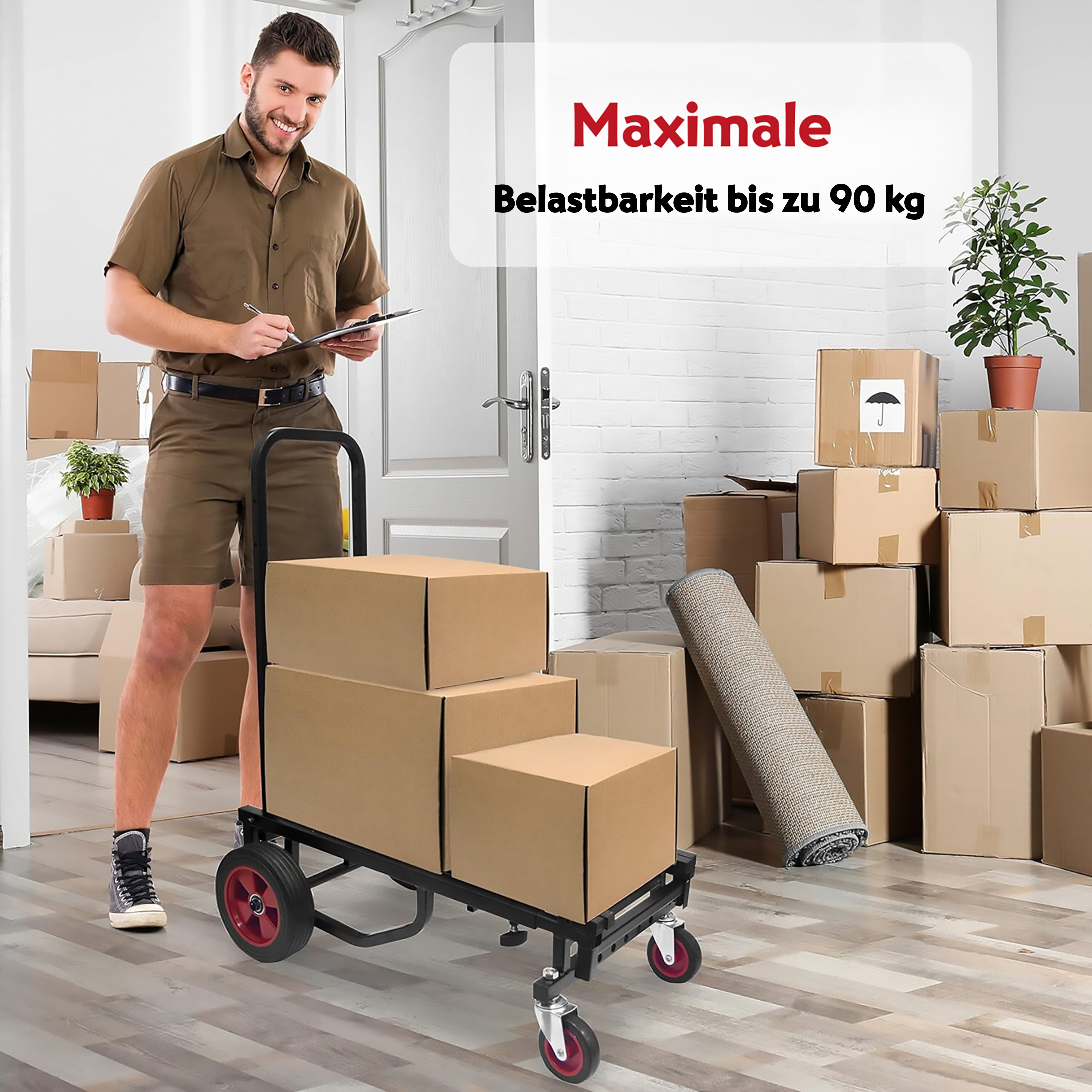 Mann in brauner Uniform steht neben Sackkarre mit Kartons. Maximale Belastbarkeit 90 kg.