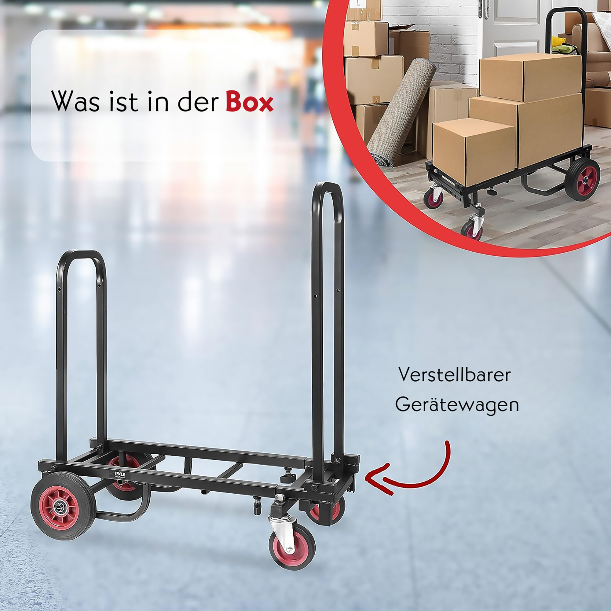 Ein schwarzer, verstellbarer Geräte- und Boxenwagen mit roten Rädern.