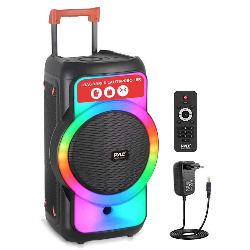 Tragbarer Lautsprecher mit RGB-Beleuchtung, Fernbedienung und Netzteil.