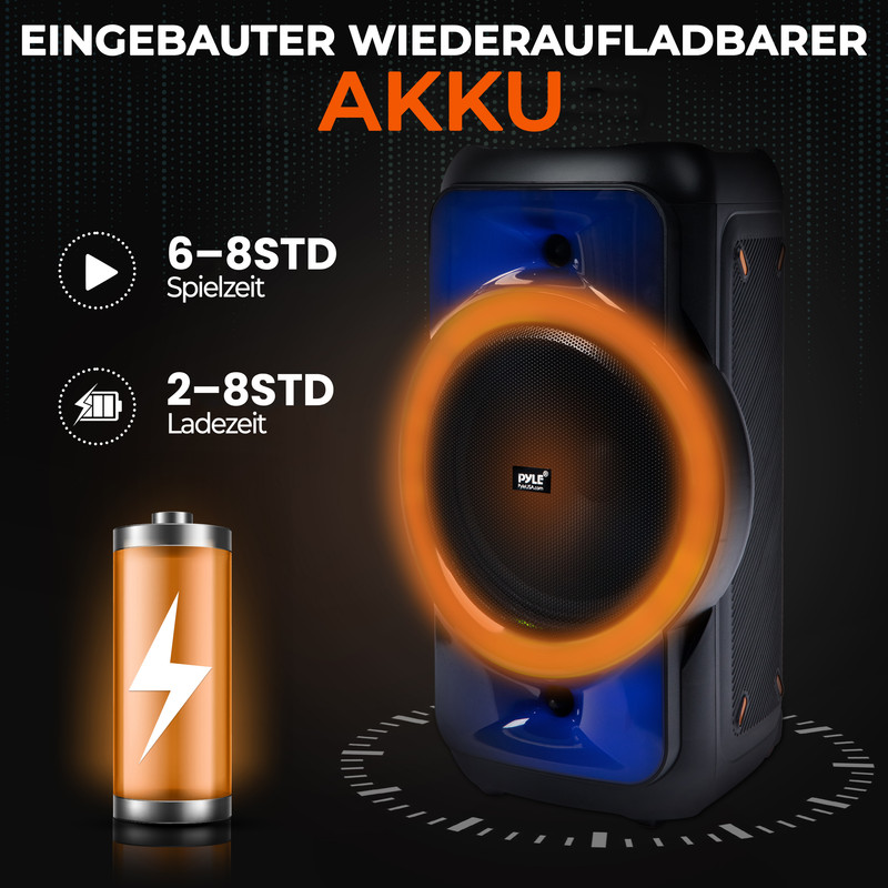 Lautsprecher mit integriertem Akku, Spielzeit 6-8 Std., Ladezeit 2-8 Std.