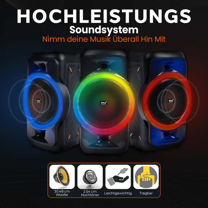 Drei schwarze Lautsprecher mit bunten LED-Ringen, unten technische Details.