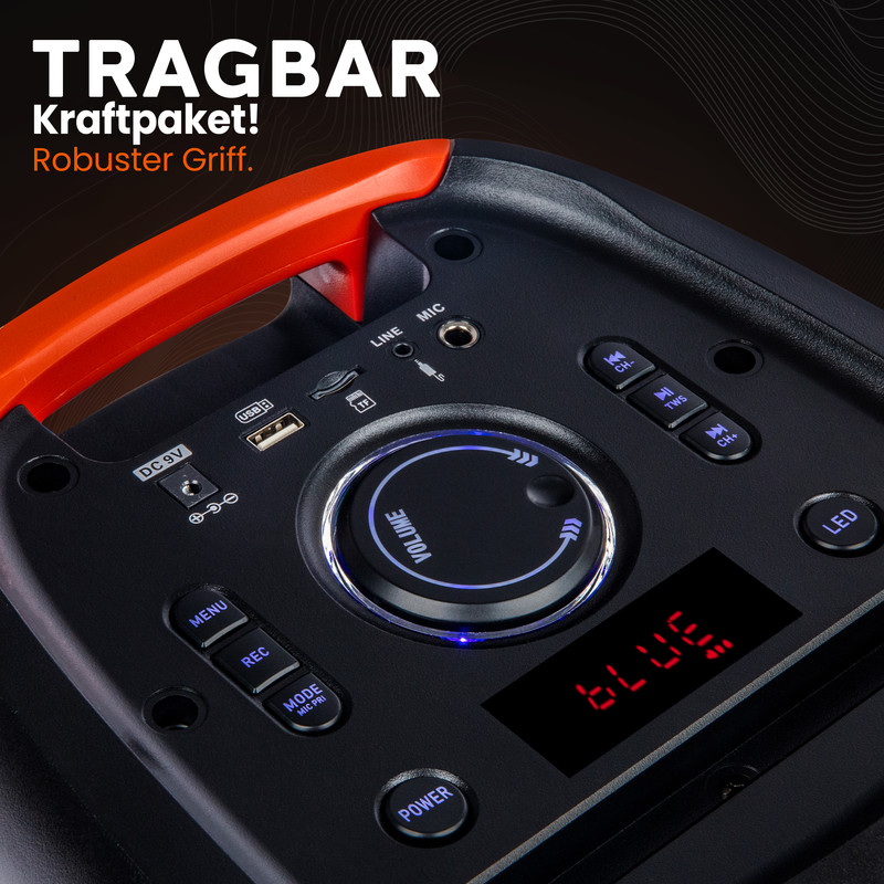 Tragbarer Lautsprecher mit vielen Bedienelementen, USB, TF-Karte und LED-Anzeige.