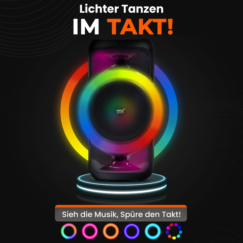 Ein Lautsprecher mit bunten Lichtern, die im Takt der Musik pulsieren.