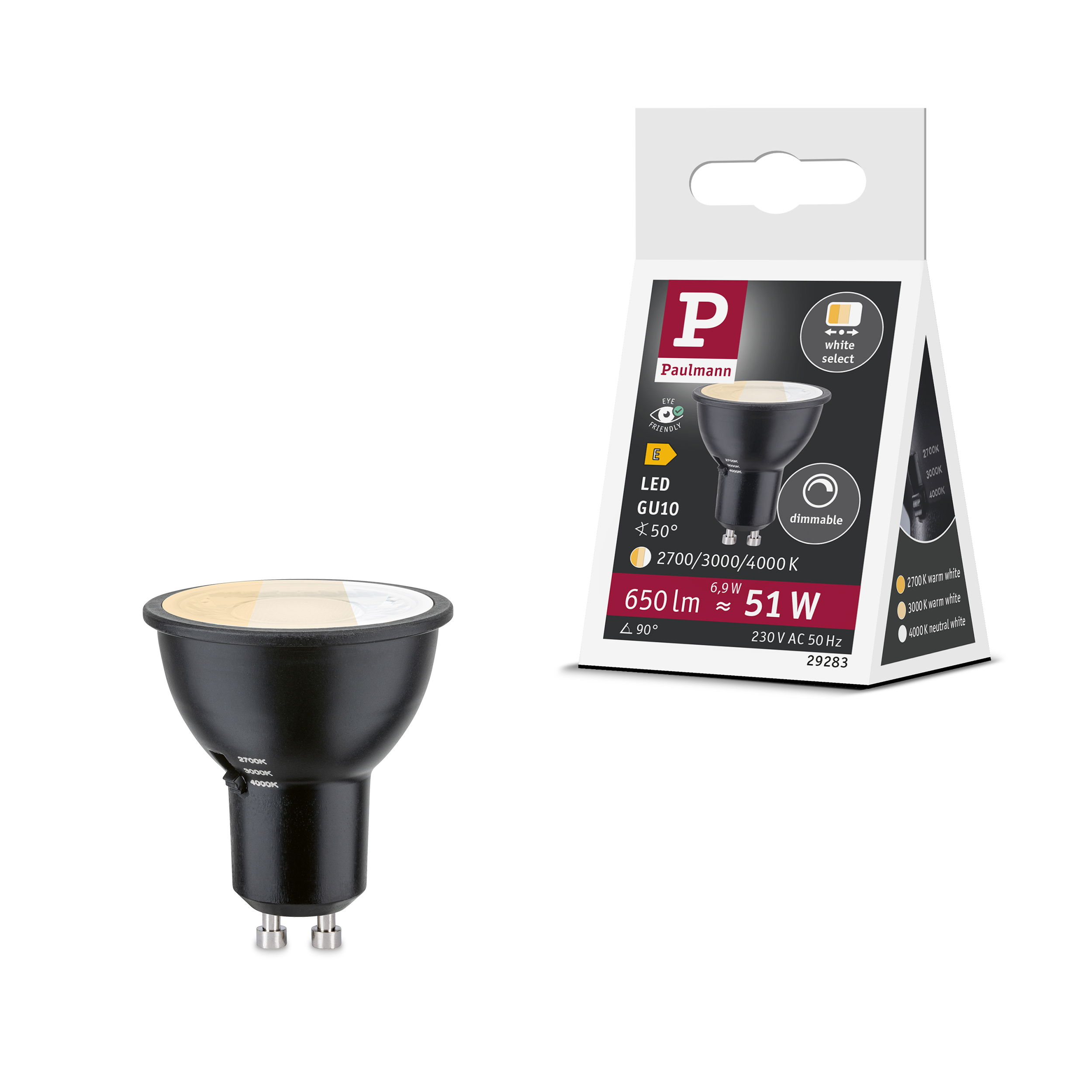 Eine schwarze Paulmann LED-Lampe mit GU10-Sockel und Verpackung.