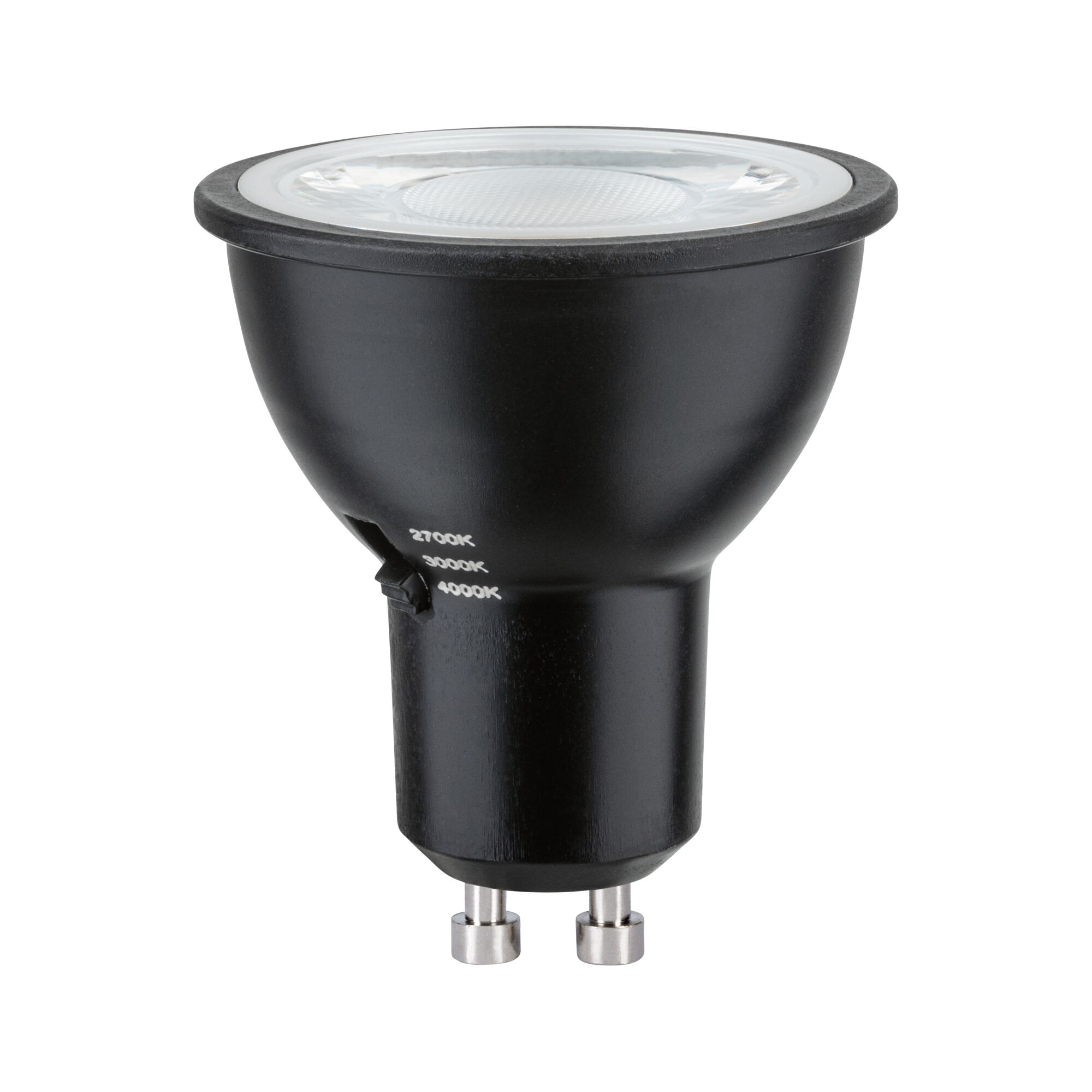 Schwarze LED-Lampe mit zwei Metallstiften und Einstellmarkierungen.