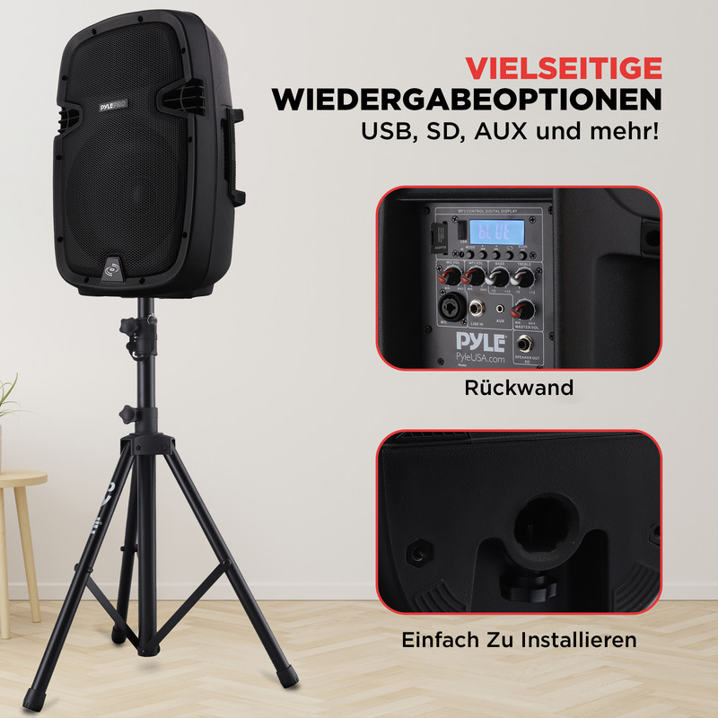 Schwarzer Lautsprecher auf einem Stativ mit rückseitigen Anschlüssen und Installationsdetails.
