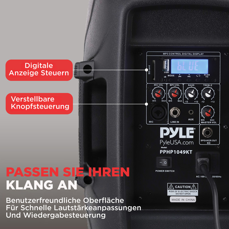 Nahaufnahme der Rückseite eines schwarzen Lautsprechers mit Bedienelementen und Text.