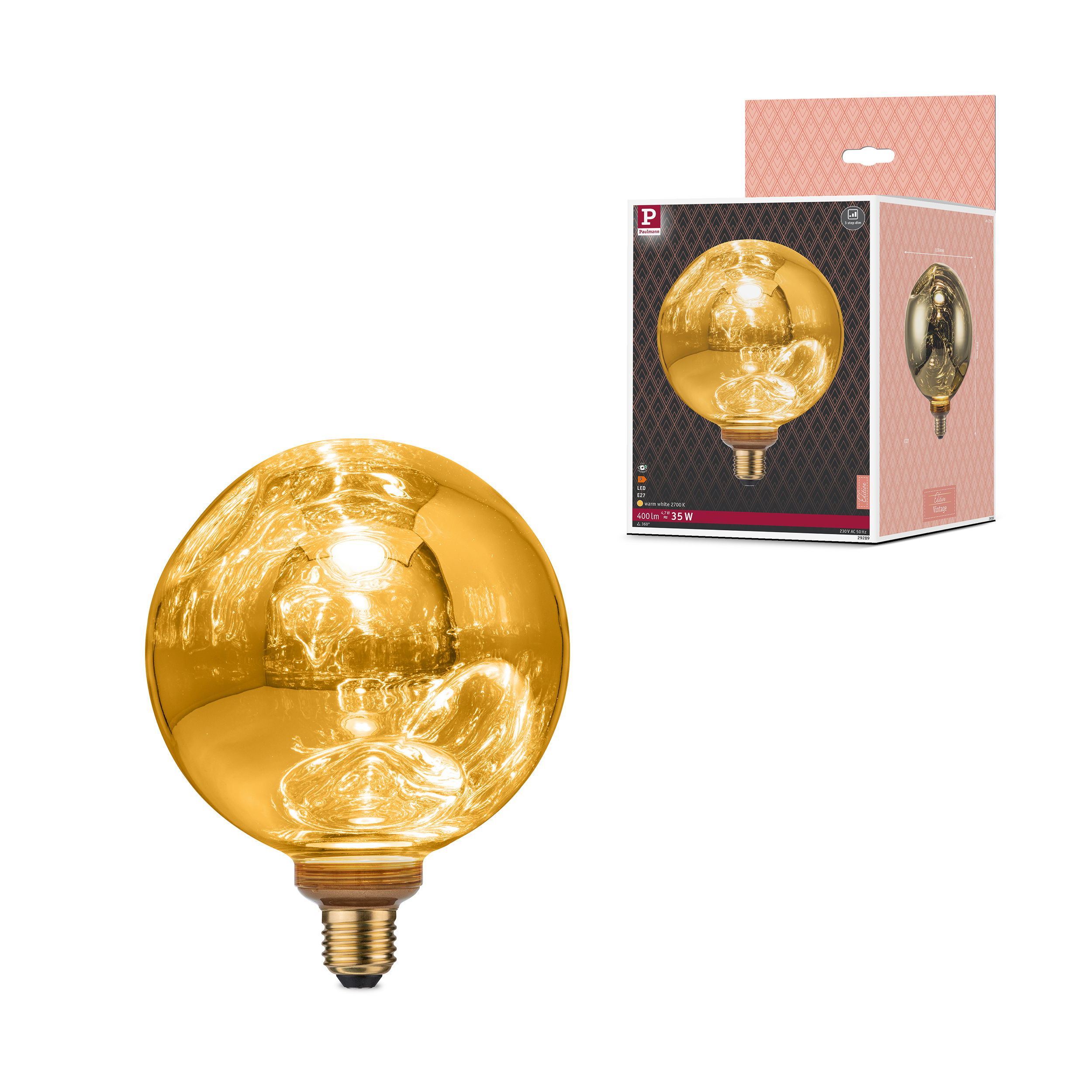 Eine goldene LED-Glühbirne mit E27-Sockel und Verpackung.