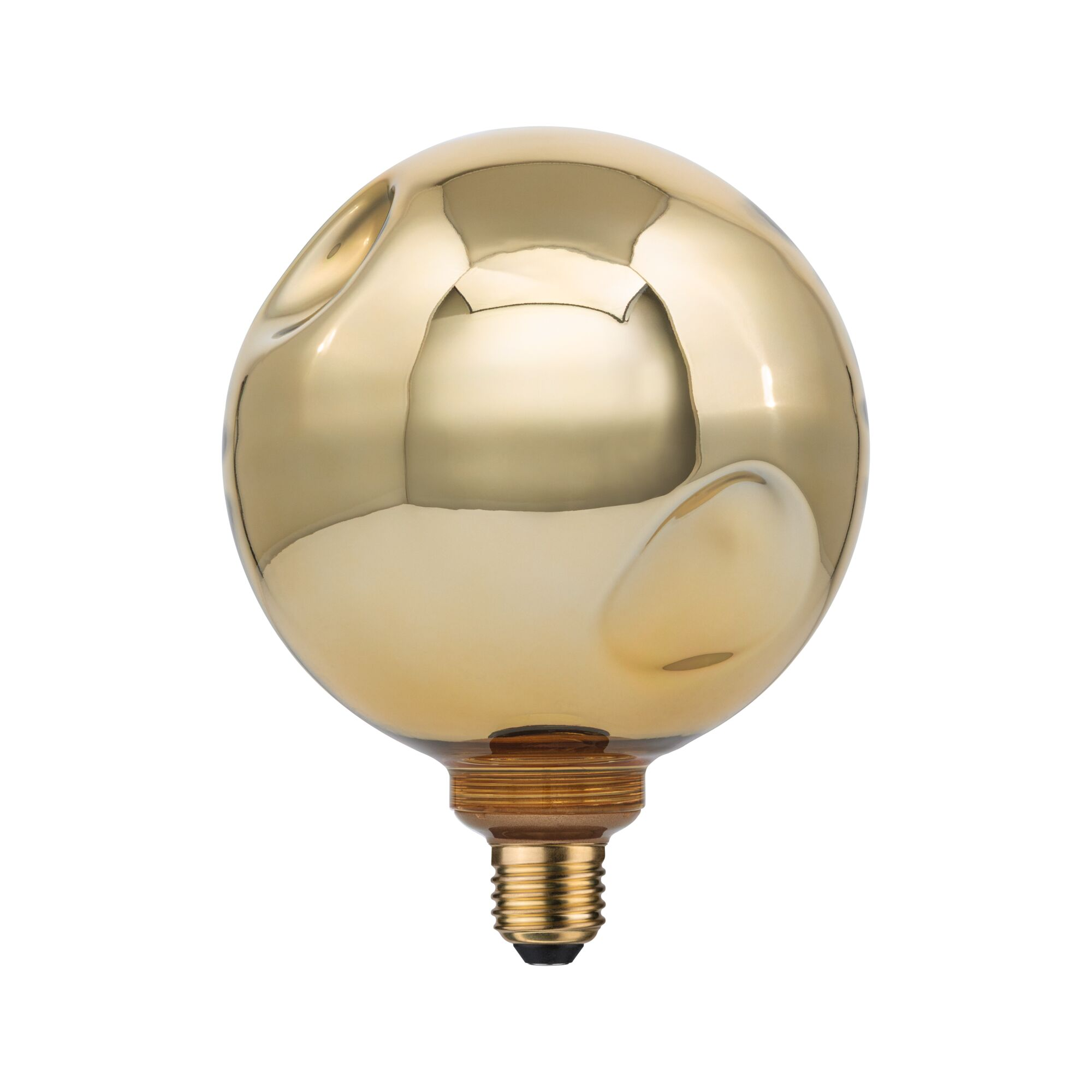 Eine große, goldene Glühbirne mit einem geschwungenen, metallischen Aussehen und einem Schraubgewinde.