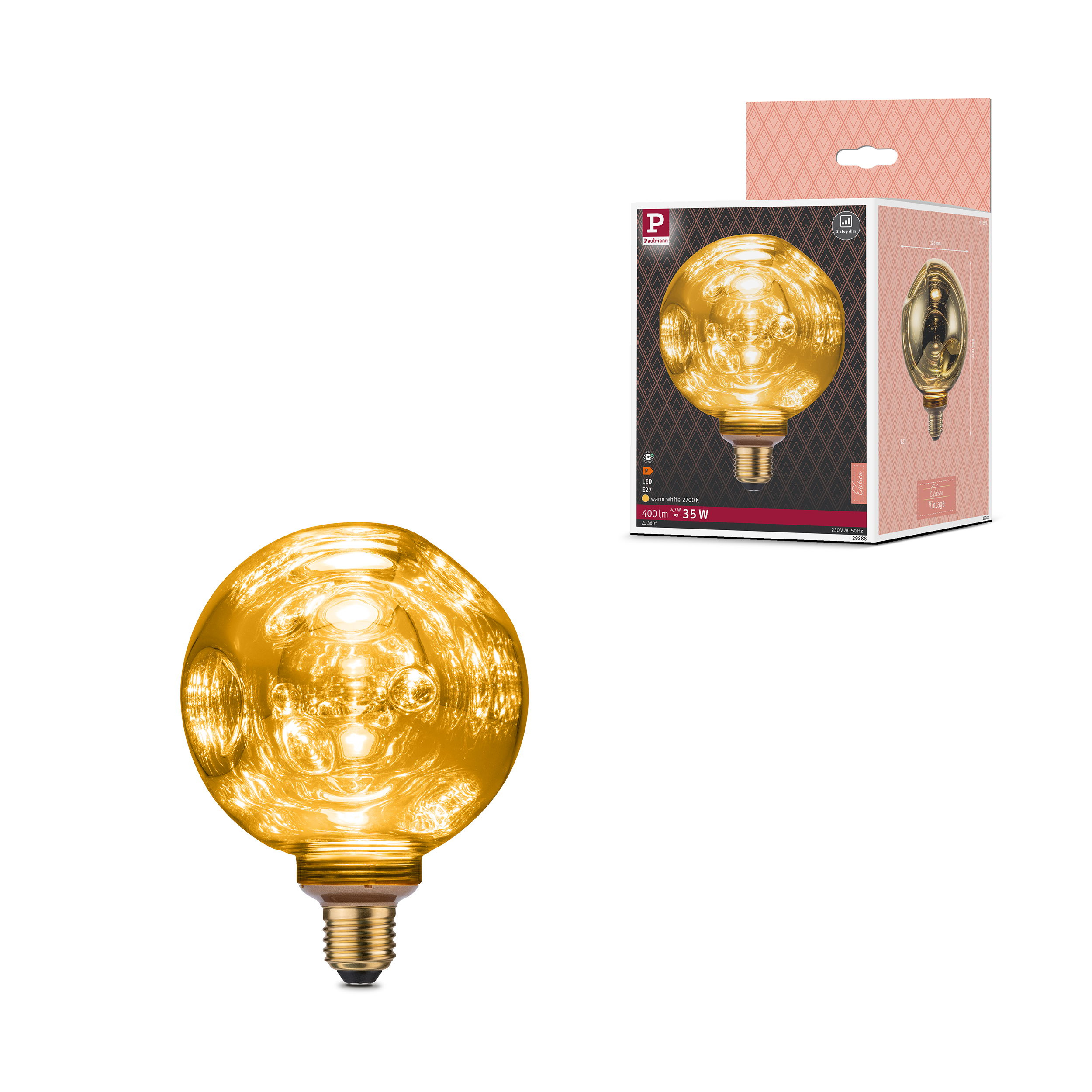 Eine große goldene LED-Lampe mit E27-Sockel und Verpackung.