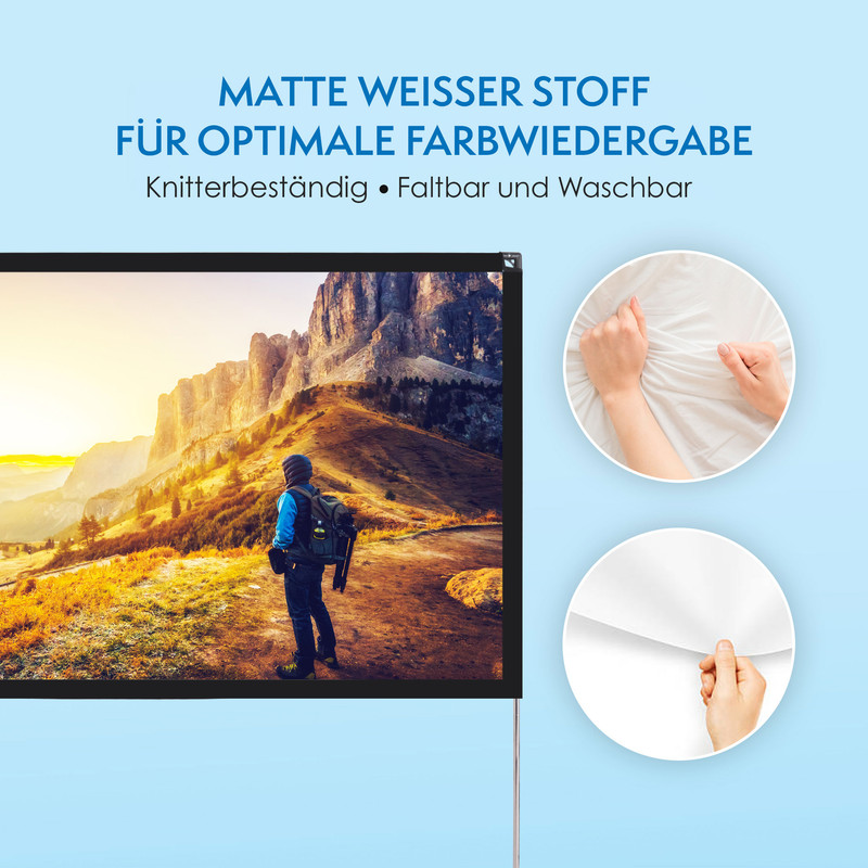 Matte weiße Leinwand zeigt Berglandschaft; Hände prüfen Stoff.