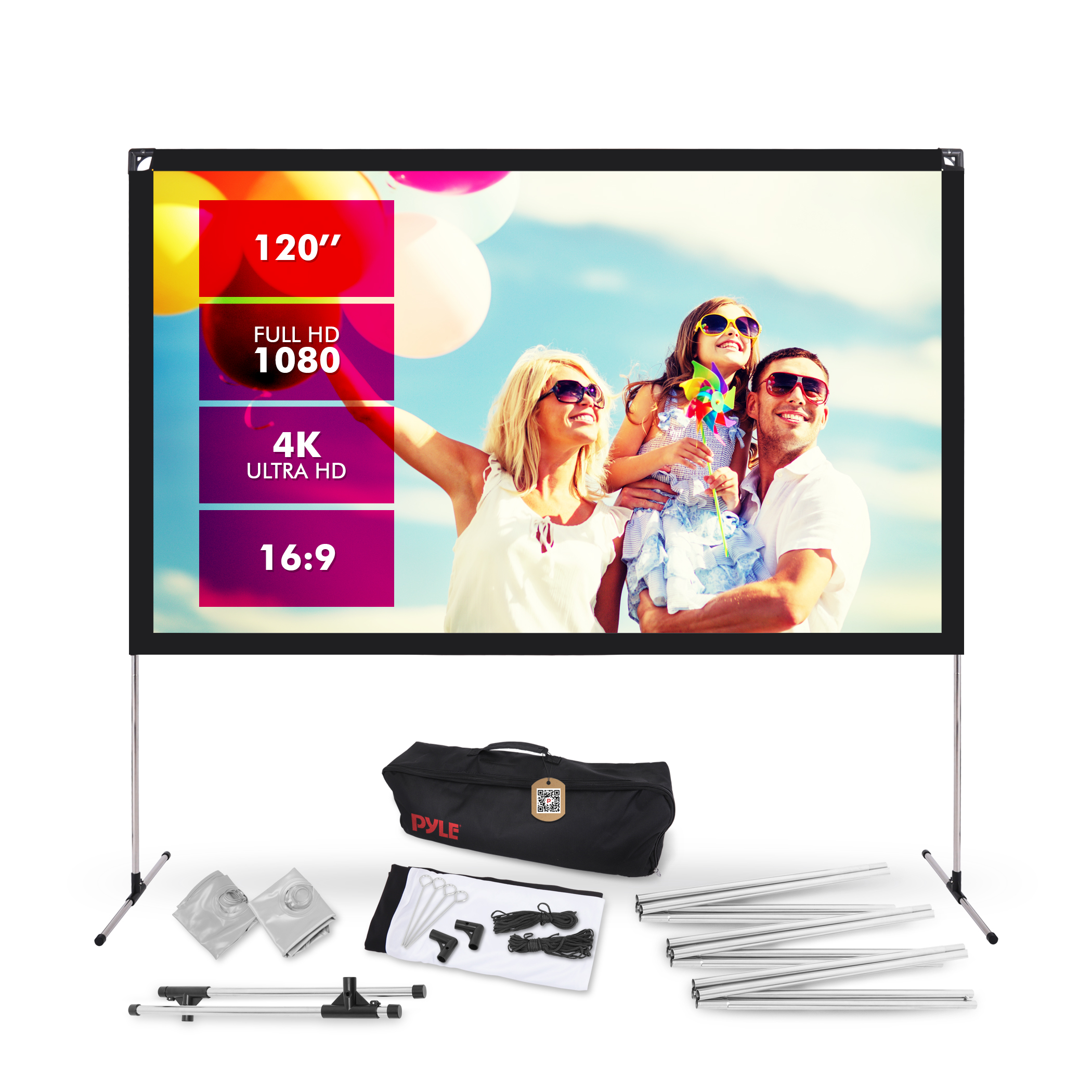120 Zoll Leinwand mit Familie und Zubehör auf weißem Hintergrund.