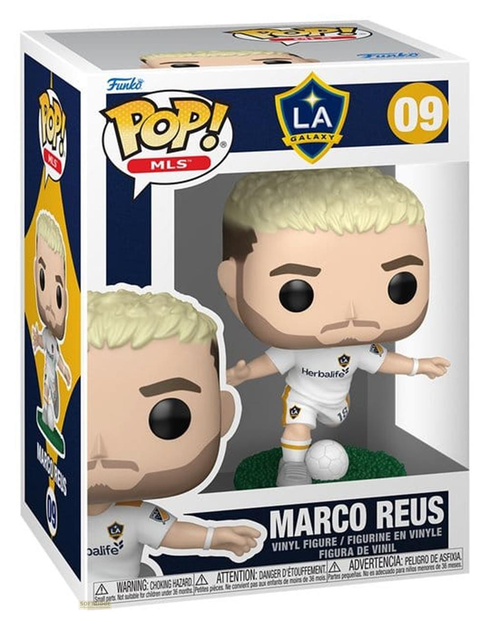 Figura Funko Pop de Marco Reus con camiseta de LA Galaxy y balón.