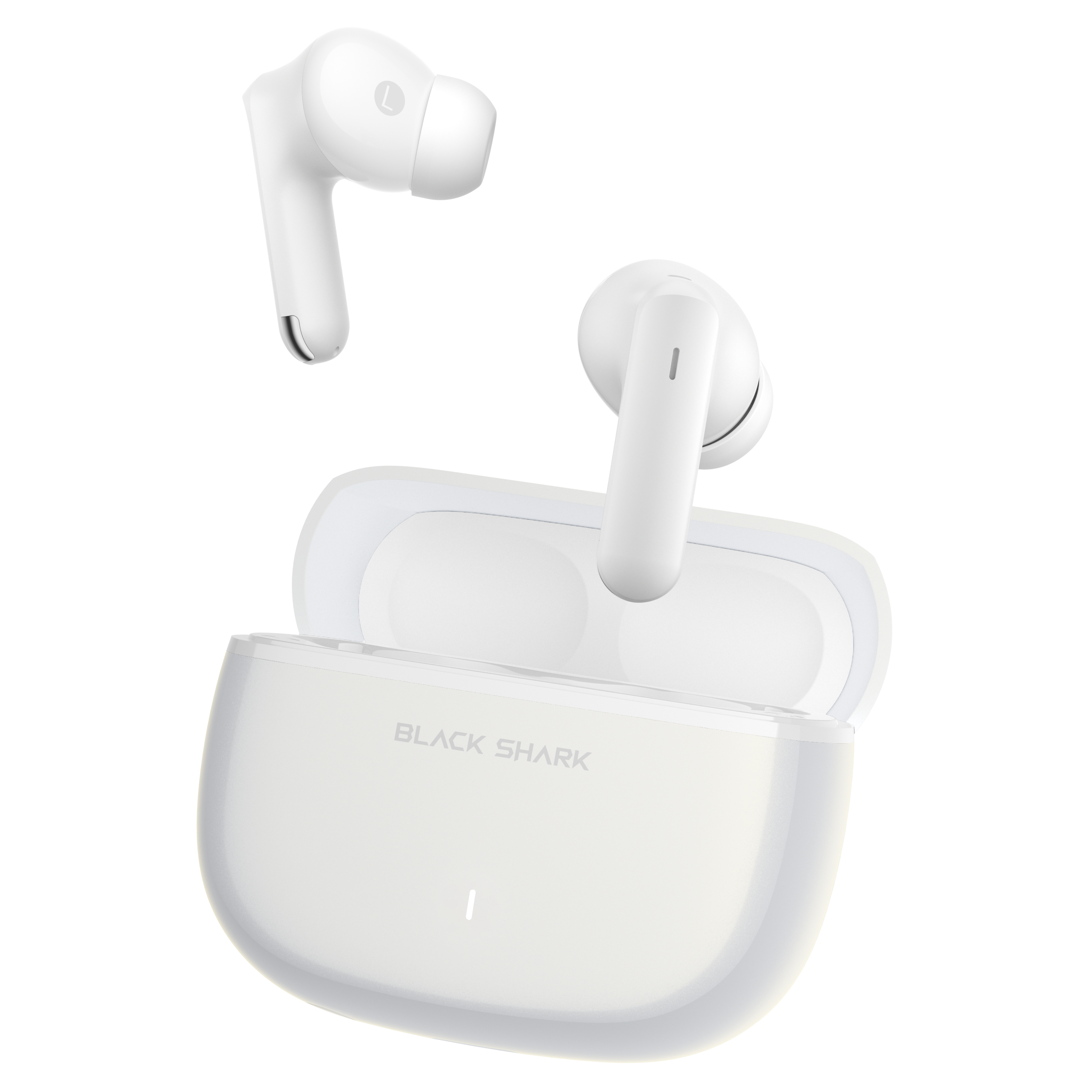Auriculares inalámbricos blancos flotan sobre un estuche de carga blanco abierto con letras negras.