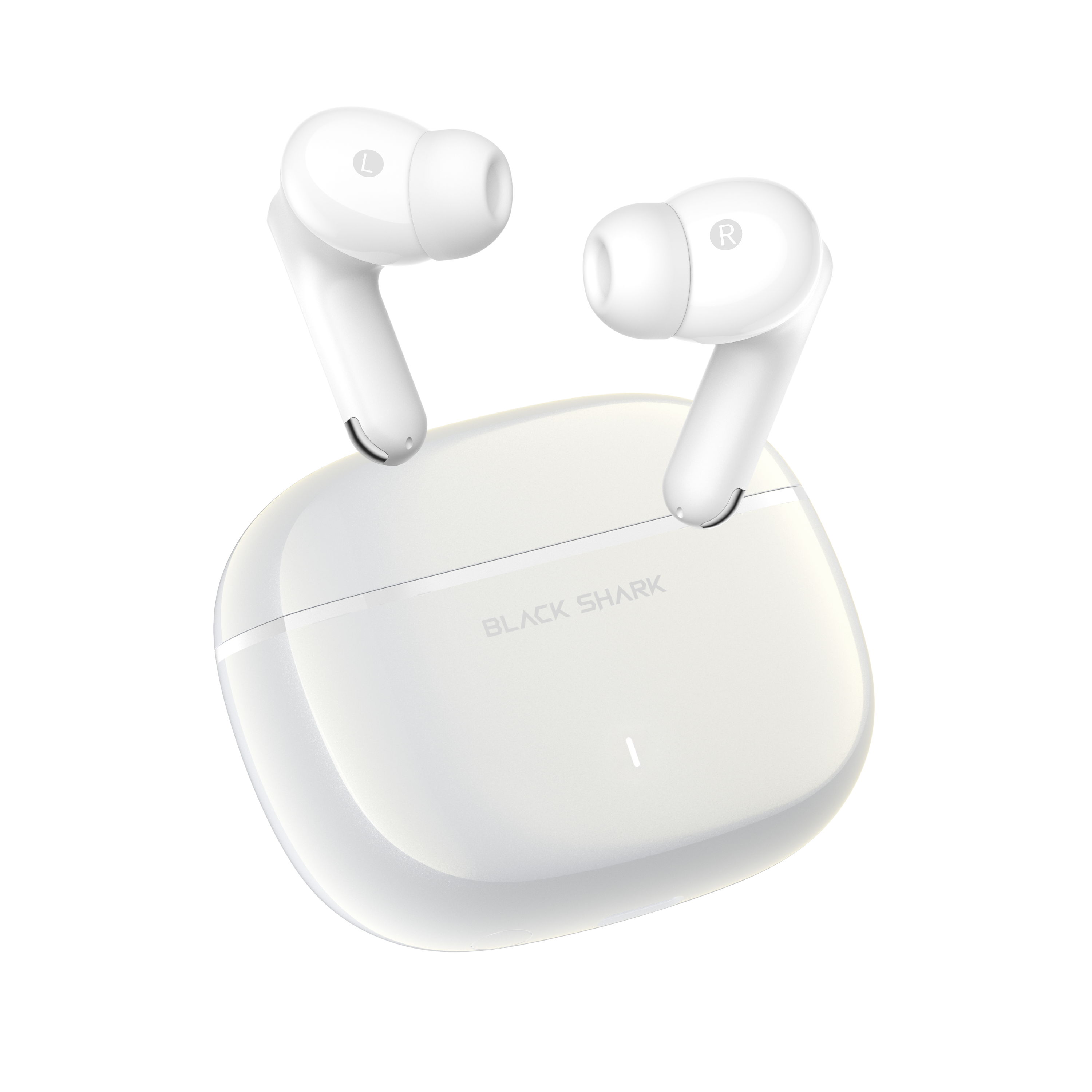 Auriculares inalámbricos blancos con estuche de carga, logo "BLACK SHARK".
