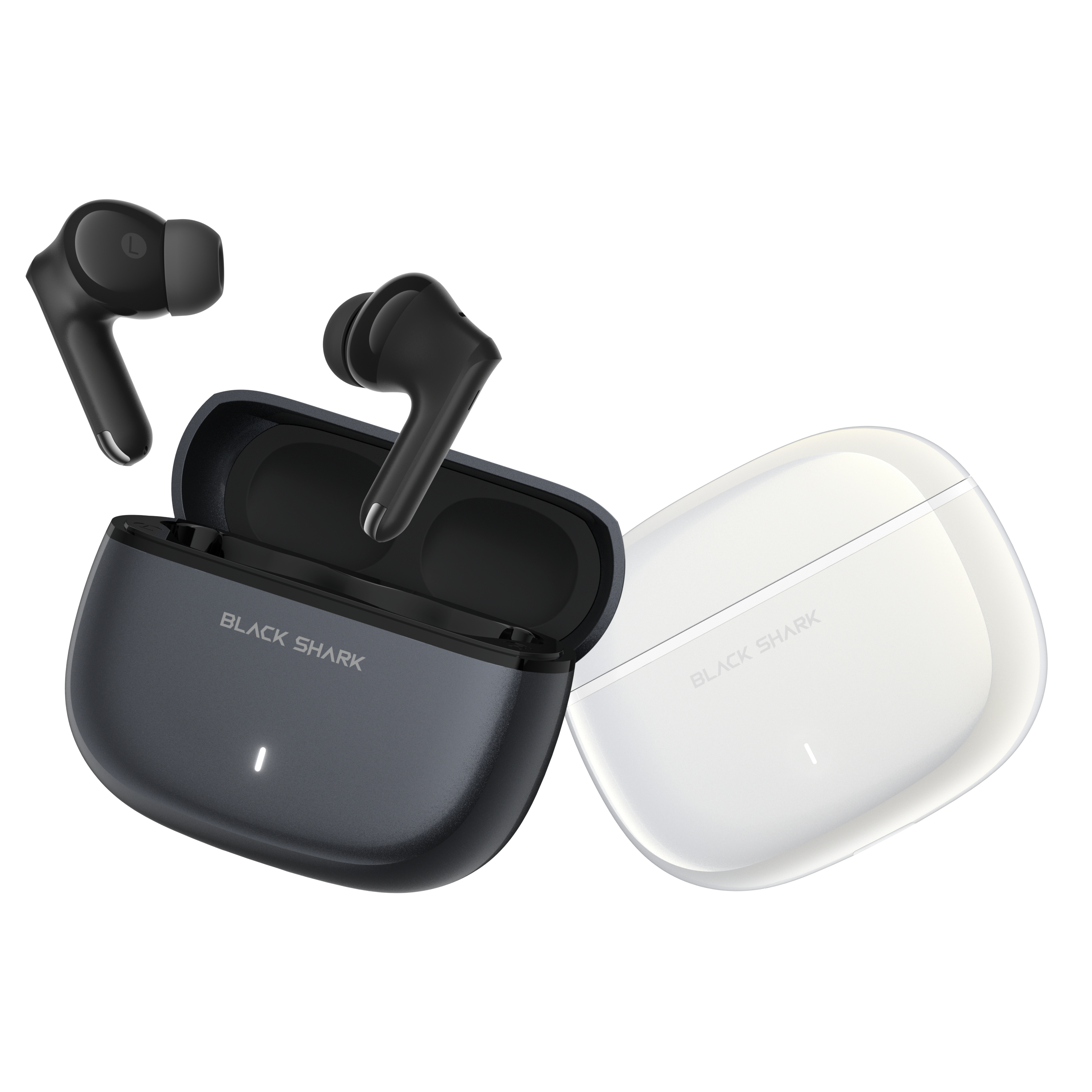 Dos auriculares Black Shark con estuches de carga oscuros y blancos sobre fondo negro.