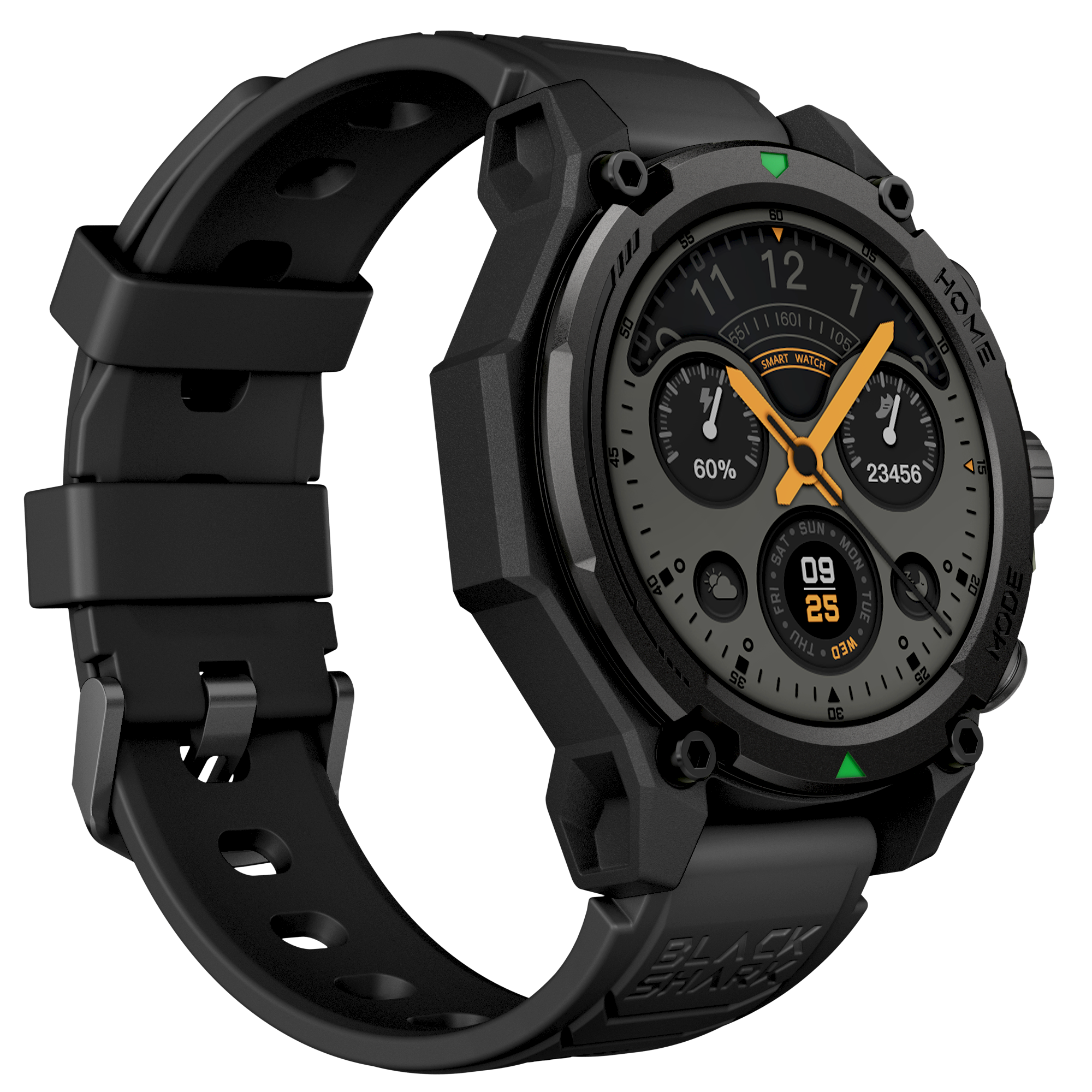 Reloj inteligente negro con manecillas naranjas y pantalla digital.