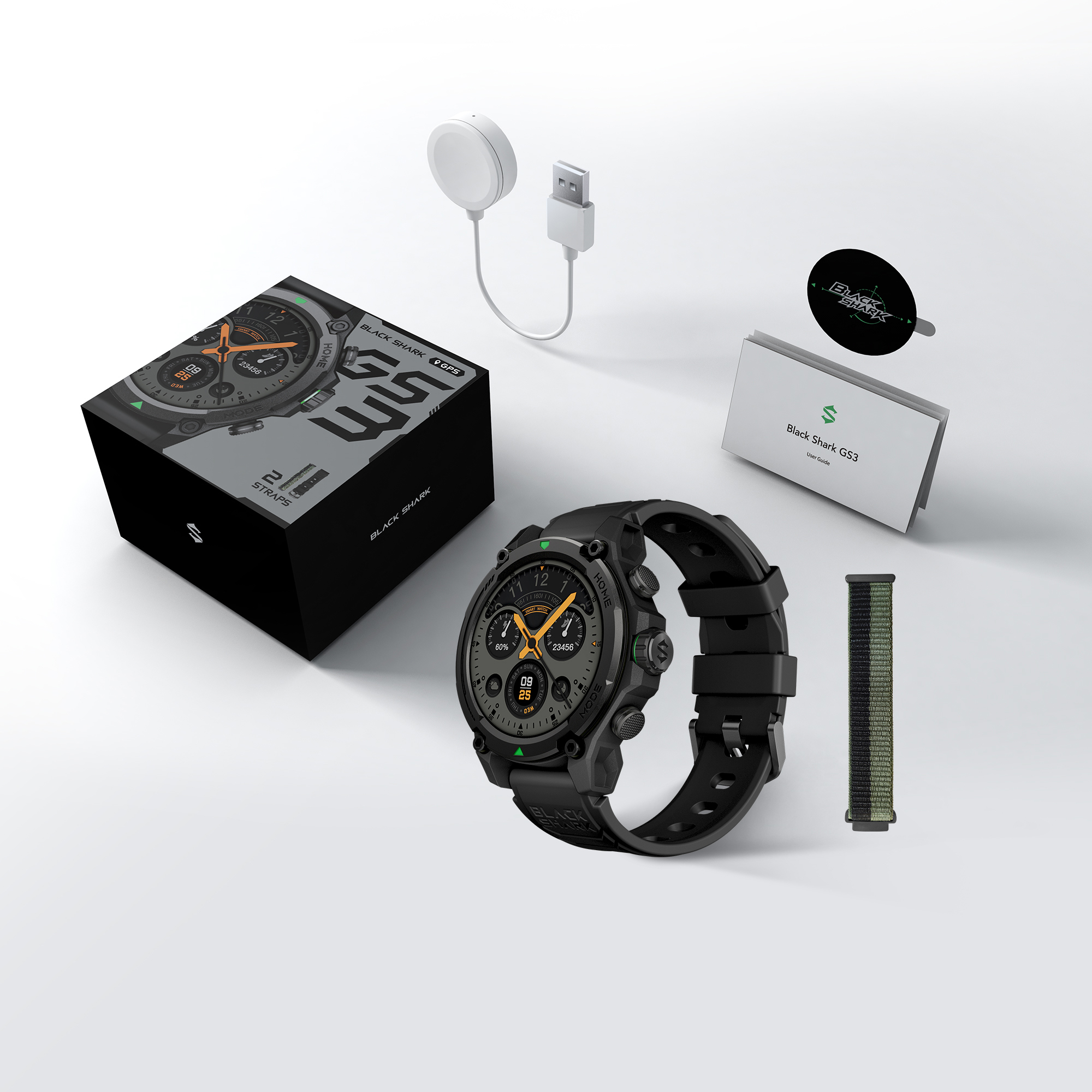 Reloj inteligente Black Shark GS3 con accesorios: caja, cargador, manual, pegatina, correa extra.