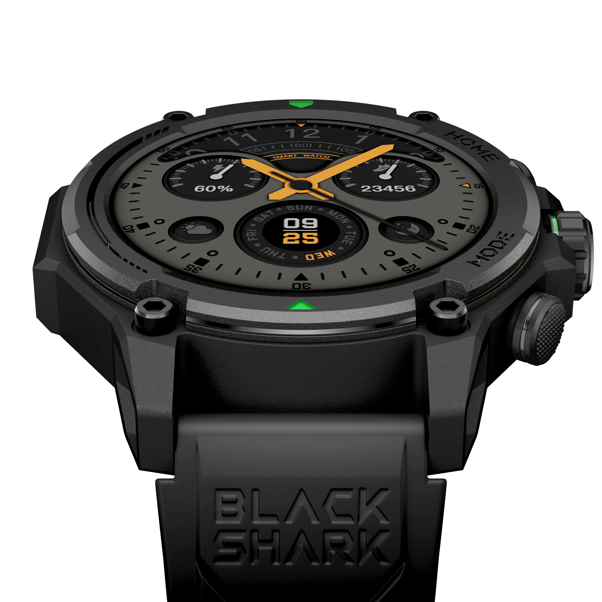 Un reloj inteligente negro con esfera gris, manecillas naranjas y pantalla de fecha.