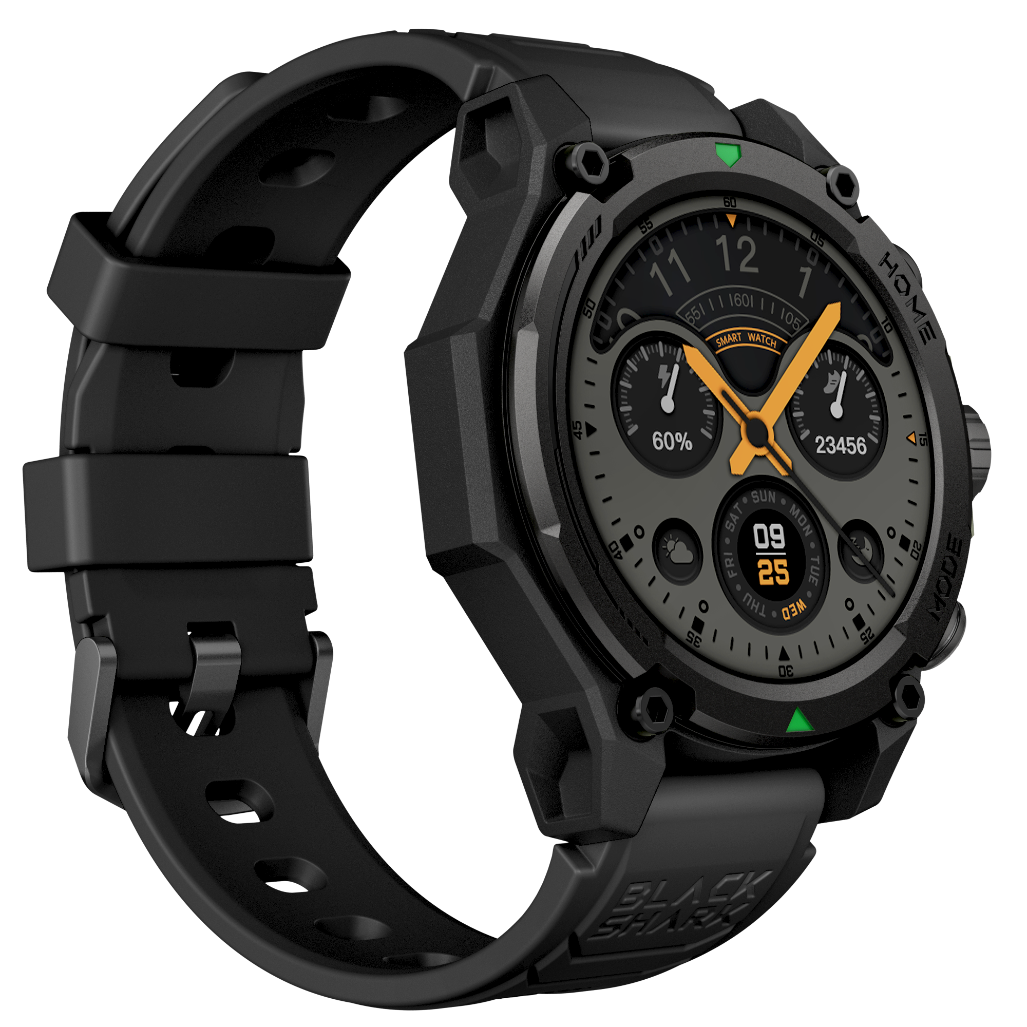Reloj inteligente negro con manecillas naranjas y esfera gris sobre fondo negro.