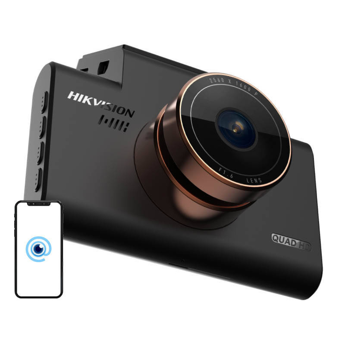 Lens çevresinde bakır halka bulunan siyah bir Hikvision araç kamerası ve bir telefon.