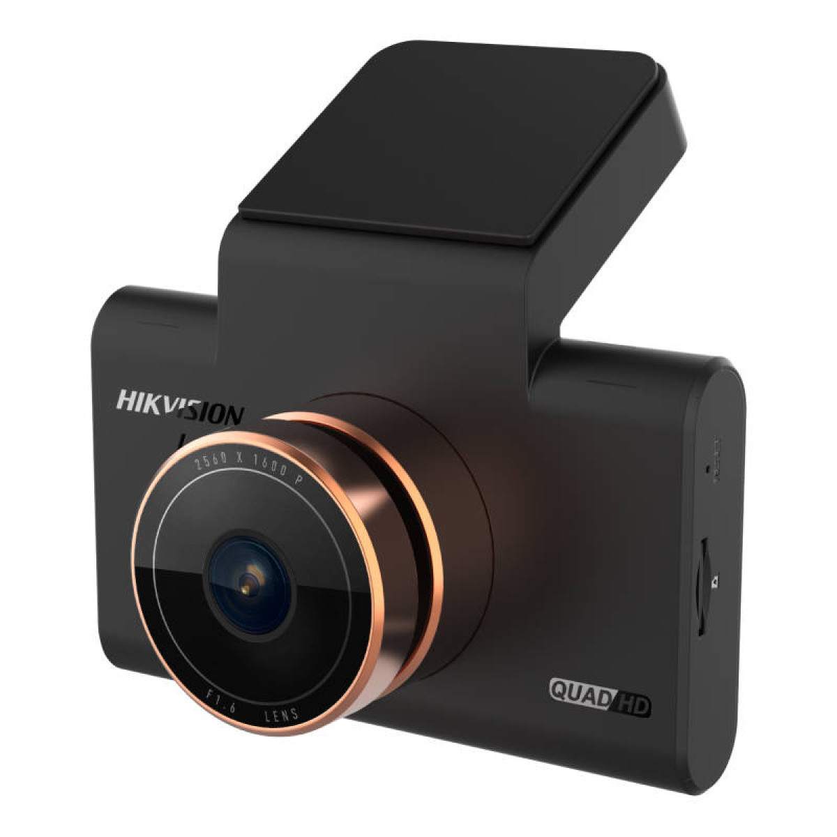 Lens çevresinde bakır halka ve Quad HD yazısı bulunan siyah Hikvision araç kamerası.