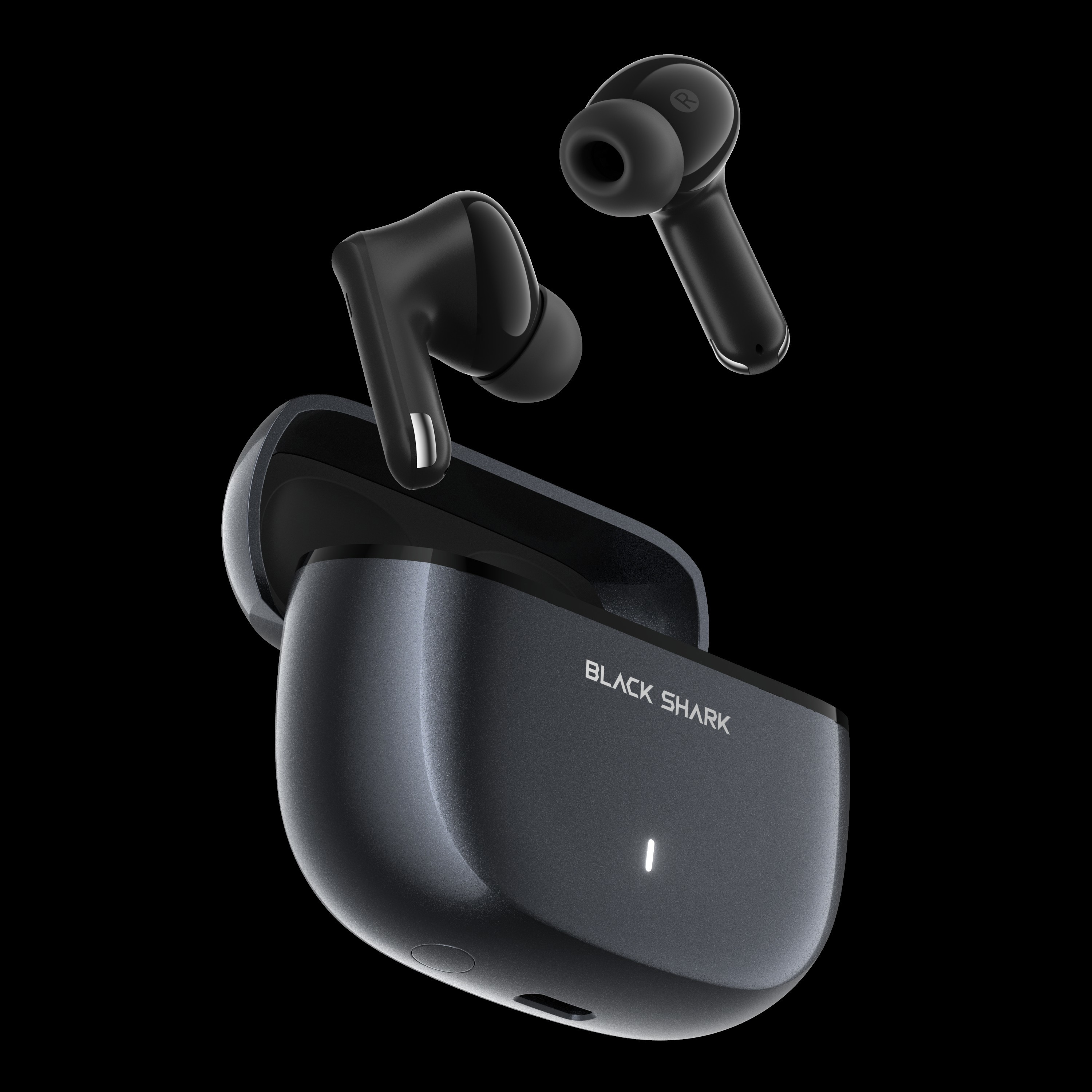 Auriculares inalámbricos negros flotan sobre su estuche de carga con logo Black Shark.