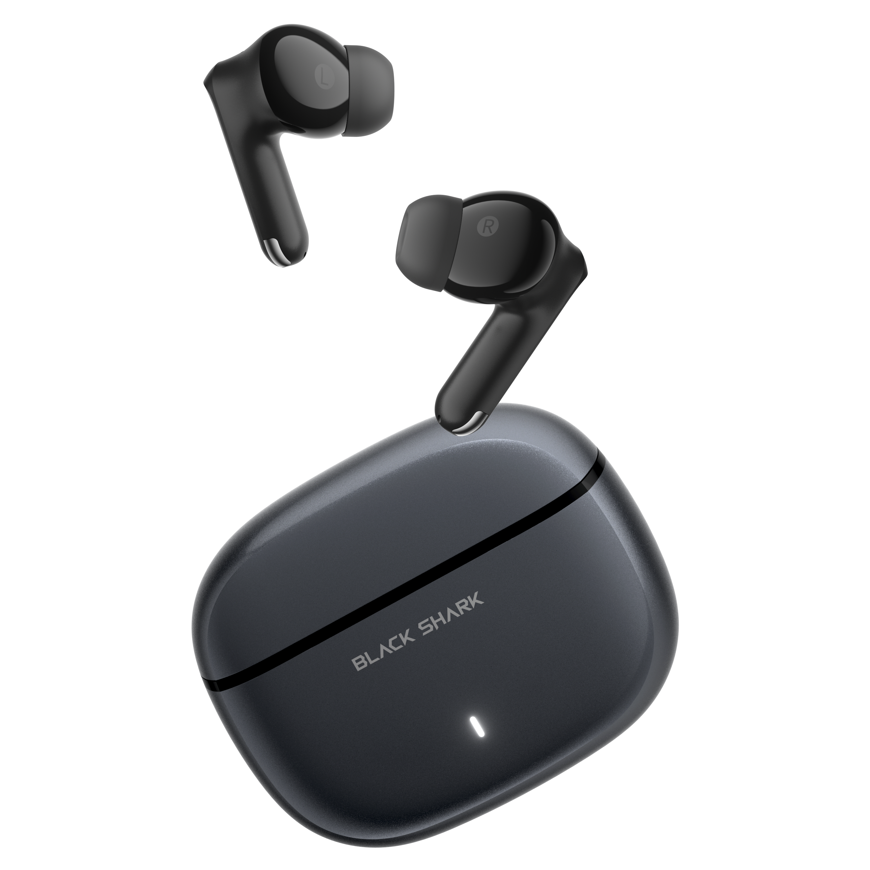 Auriculares inalámbricos negros con estuche de carga y LED iluminado.