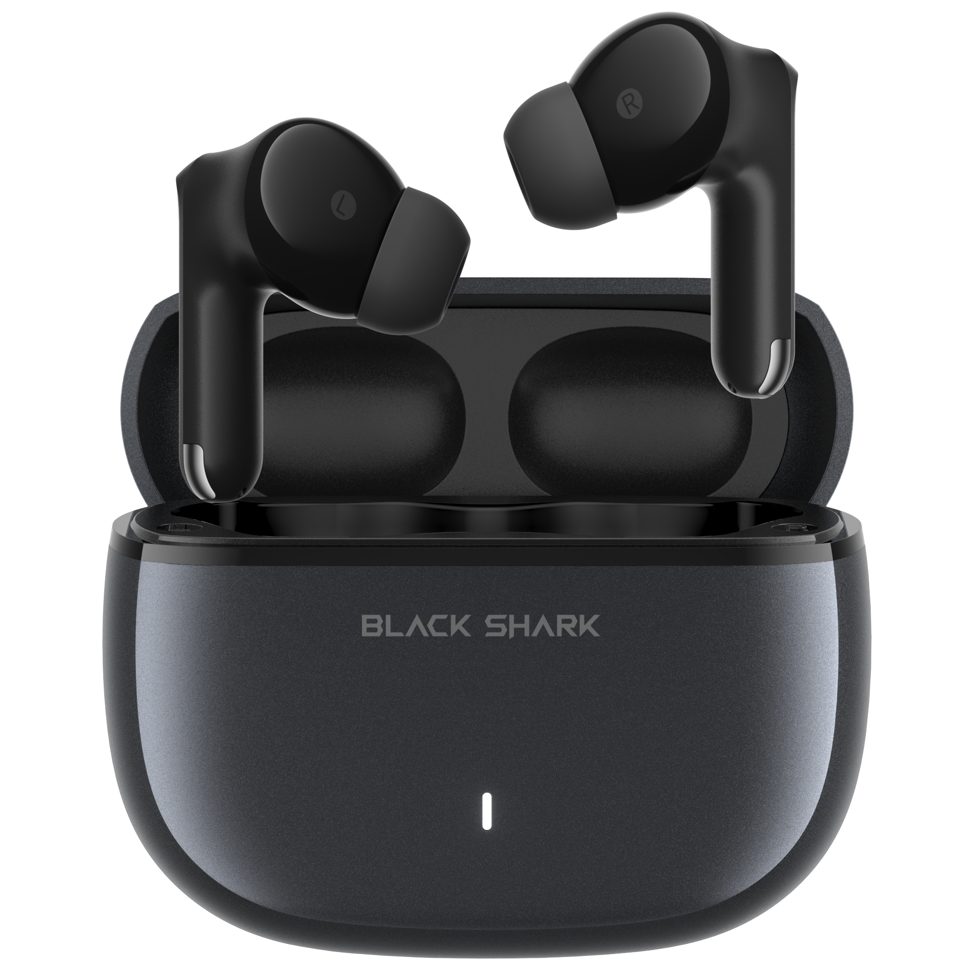 Auriculares inalámbricos negros con estuche de carga y logo "BLACK SHARK".