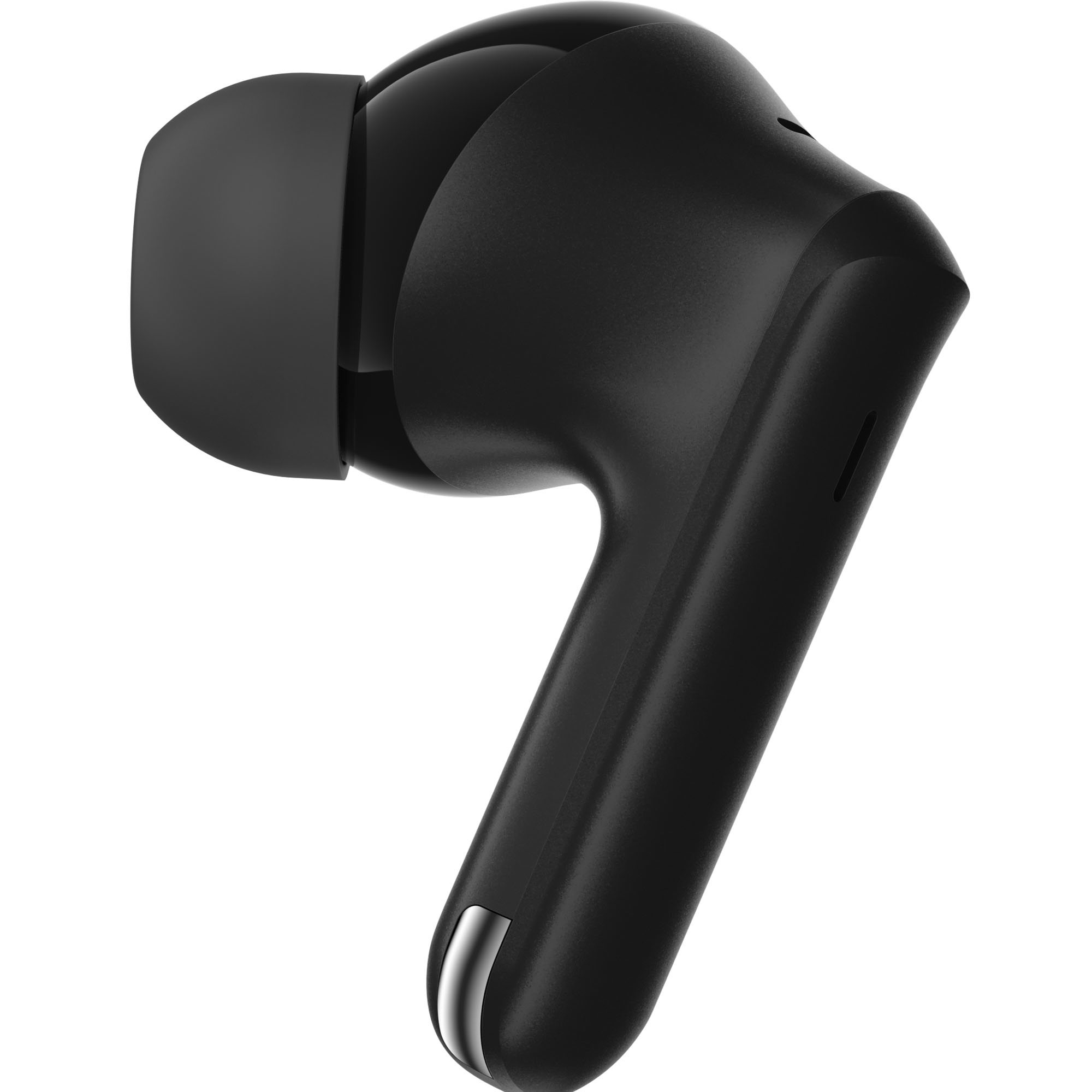 Un auricular inalámbrico negro con un acento plateado en la punta.
