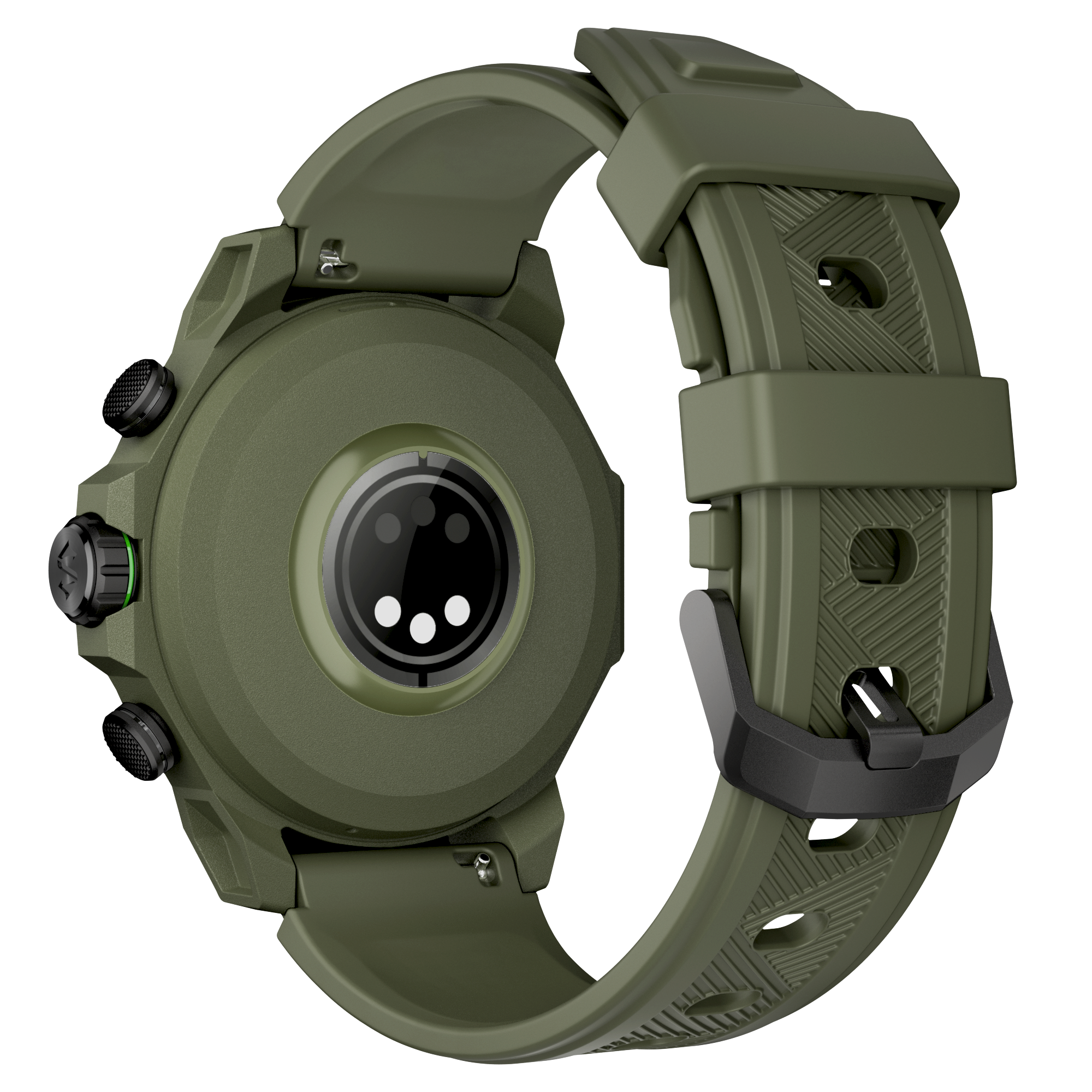 Reloj inteligente verde con sensor de ritmo cardíaco y correa negra.