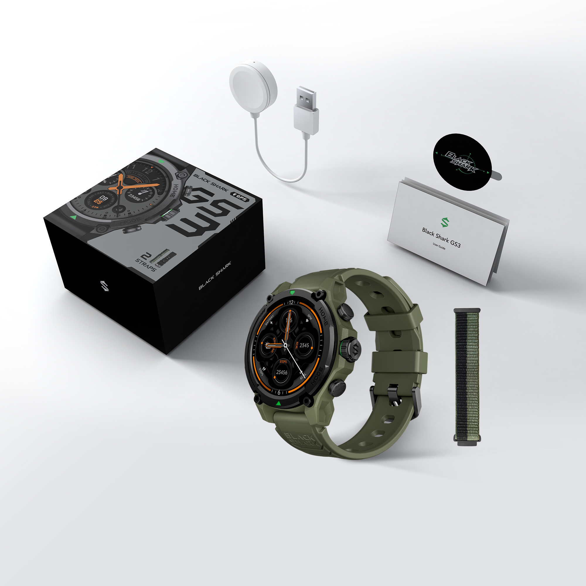 Reloj inteligente verde con accesorios y embalaje sobre fondo blanco.