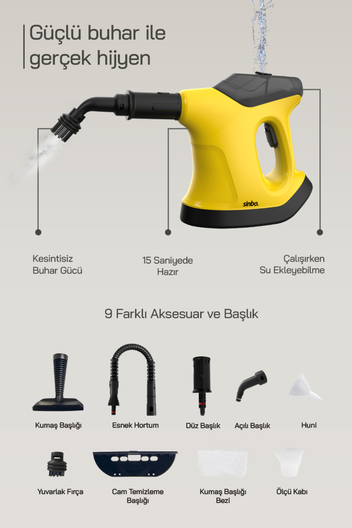 Sarı buharlı temizleyici çeşitli aksesuarlarla: fırçalar, hortumlar, huni, ölçü kabı.