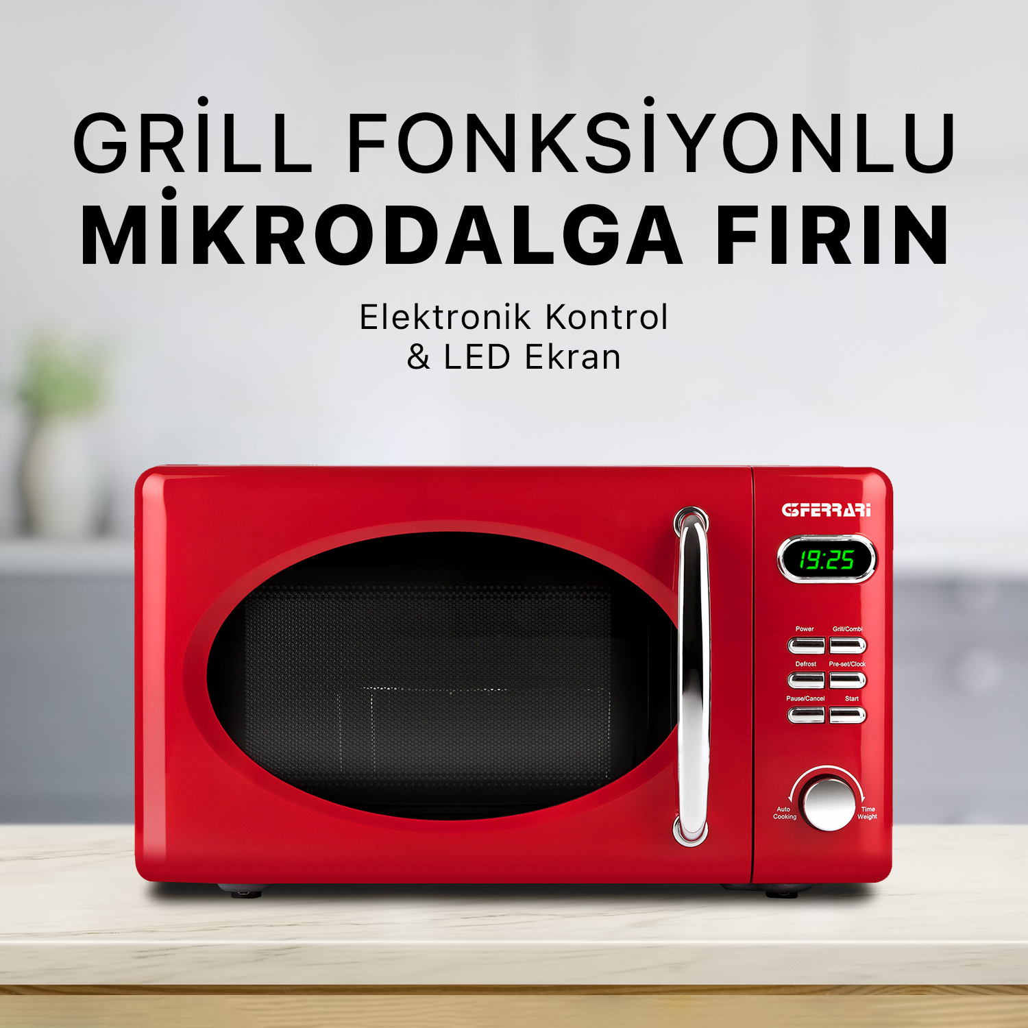 Gümüş saplı ve kontrol panelli kırmızı mikrodalga fırın. Tezgah üzerinde duruyor.