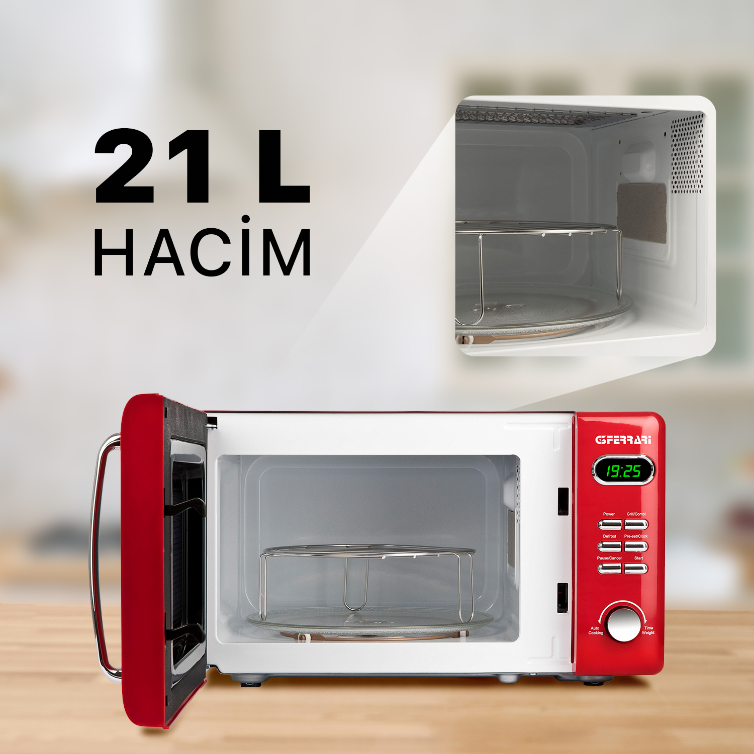 Açık kapılı kırmızı mikrodalga fırın, 21L hacim, dijital ekran.